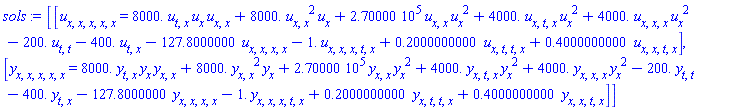 [[diff(diff(diff(diff(diff(u(x, t), x), x), x), x), x) = 8000.*(diff(diff(u(x, t), t), x))*(diff(u(x, t), x))*(diff(diff(u(x, t), x), x))+8000.*(diff(diff(u(x, t), x), x))^2*(diff(u(x, t), x))+270000.*(diff(diff(u(x, t), x), x))*(diff(u(x, t), x))^2+4000.*(diff(diff(diff(u(x, t), t), x), x))*(diff(u(x, t), x))^2+4000.*(diff(diff(diff(u(x, t), x), x), x))*(diff(u(x, t), x))^2-200.*(diff(diff(u(x, t), t), t))-400.*(diff(diff(u(x, t), t), x))-127.8000000*(diff(diff(diff(diff(u(x, t), x), x), x), x))-1.*(diff(diff(diff(diff(diff(u(x, t), t), x), x), x), x))+.2000000000*(diff(diff(diff(diff(u(x, t), t), t), x), x))+.4000000000*(diff(diff(diff(diff(u(x, t), t), x), x), x))], [diff(diff(diff(diff(diff(y(x, t), x), x), x), x), x) = 8000.*(diff(diff(y(x, t), t), x))*(diff(y(x, t), x))*(diff(diff(y(x, t), x), x))+8000.*(diff(diff(y(x, t), x), x))^2*(diff(y(x, t), x))+270000.*(diff(diff(y(x, t), x), x))*(diff(y(x, t), x))^2+4000.*(diff(diff(diff(y(x, t), t), x), x))*(diff(y(x, t), x))^2+4000.*(diff(diff(diff(y(x, t), x), x), x))*(diff(y(x, t), x))^2-200.*(diff(diff(y(x, t), t), t))-400.*(diff(diff(y(x, t), t), x))-127.8000000*(diff(diff(diff(diff(y(x, t), x), x), x), x))-1.*(diff(diff(diff(diff(diff(y(x, t), t), x), x), x), x))+.2000000000*(diff(diff(diff(diff(y(x, t), t), t), x), x))+.4000000000*(diff(diff(diff(diff(y(x, t), t), x), x), x))]]