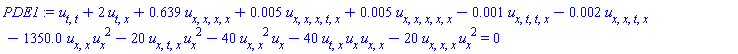 diff(diff(u(x, t), t), t)+2*(diff(diff(u(x, t), t), x))+.639*(diff(diff(diff(diff(u(x, t), x), x), x), x))+0.5e-2*(diff(diff(diff(diff(diff(u(x, t), t), x), x), x), x))+0.5e-2*(diff(diff(diff(diff(diff(u(x, t), x), x), x), x), x))-0.1e-2*(diff(diff(diff(diff(u(x, t), t), t), x), x))-0.2e-2*(diff(diff(diff(diff(u(x, t), t), x), x), x))-1350.0*(diff(diff(u(x, t), x), x))*(diff(u(x, t), x))^2-20*(diff(diff(diff(u(x, t), t), x), x))*(diff(u(x, t), x))^2-40*(diff(diff(u(x, t), x), x))^2*(diff(u(x, t), x))-40*(diff(diff(u(x, t), t), x))*(diff(u(x, t), x))*(diff(diff(u(x, t), x), x))-20*(diff(diff(diff(u(x, t), x), x), x))*(diff(u(x, t), x))^2 = 0