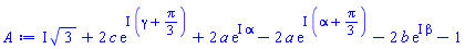 I*3^(1/2)+2*c*exp(I*(gamma+(1/3)*Pi))+2*a*exp(I*alpha)-2*a*exp(I*(alpha+(1/3)*Pi))-2*b*exp(I*beta)-1