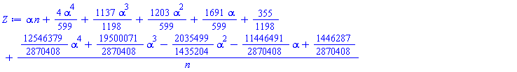 alpha*n+(4/599)*alpha^4+(1137/1198)*alpha^3+(1203/599)*alpha^2+(1691/599)*alpha+355/1198+((12546379/2870408)*alpha^4+(19500071/2870408)*alpha^3-(2035499/1435204)*alpha^2-(11446491/2870408)*alpha+1446287/2870408)/n