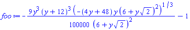 -(9/100000)*y^3*(y+12)^3*(-(4*y+48)*y*(6+y*2^(1/2))^2)^(1/3)/(6+y*2^(1/2))^2-1