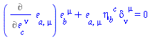 %diff(Physics:-Tetrads:-e_[a, mu], Physics:-Tetrads:-e_[c, `~nu`])*Physics:-Tetrads:-e_[b, `~mu`]+Physics:-Tetrads:-e_[a, mu]*Physics:-Tetrads:-eta_[b, `~c`]*Physics:-g_[nu, `~mu`] = 0