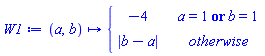 W1 := proc (a, b) options operator, arrow; piecewise(a = 1 or b = 1, -4, abs(b-a)) end proc