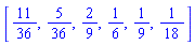 [11/36, 5/36, 2/9, 1/6, 1/9, 1/18]