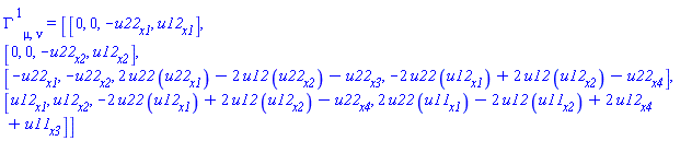 Physics:-Christoffel[`~1`, mu, nu] = Matrix(%id = 18446744078369100254)