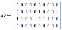 Matrix(4, 10, {(1, 1) = 0, (1, 2) = 0, (1, 3) = 0, (1, 4) = 0, (1, 5) = 0, (1, 6) = 0, (1, 7) = 0, (1, 8) = 0, (1, 9) = 0, (1, 10) = 0, (2, 1) = 0, (2, 2) = 0, (2, 3) = 1, (2, 4) = 1, (2, 5) = 0, (2, 6) = 1, (2, 7) = 0, (2, 8) = 0, (2, 9) = 0, (2, 10) = 1, (3, 1) = 1, (3, 2) = 1, (3, 3) = 0, (3, 4) = 0, (3, 5) = 1, (3, 6) = 0, (3, 7) = 1, (3, 8) = 1, (3, 9) = 1, (3, 10) = 0, (4, 1) = 0, (4, 2) = 0, (4, 3) = 0, (4, 4) = 0, (4, 5) = 0, (4, 6) = 0, (4, 7) = 0, (4, 8) = 0, (4, 9) = 0, (4, 10) = 0})