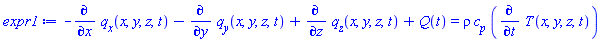 -(diff(q__x(x, y, z, t), x))-(diff(q__y(x, y, z, t), y))+diff(q__z(x, y, z, t), z)+Q(t) = rho*c__p*(diff(T(x, y, z, t), t))