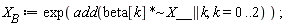 X__B := exp(add(`~`[`*`](beta[k], X__ || k), k = 0 .. 2));