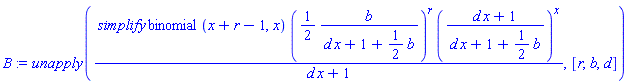 unapply*(simplify*binomial(x+r-1, x)*((1/2)*b/(d*x+1+(1/2)*b))^r*((d*x+1)/(d*x+1+(1/2)*b))^x/(d*x+1), [r, b, d])
