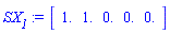 `#msub(mi("SX"),mi("1"))` := Vector[row](5, {(1) = 1.0, (2) = 1.0, (3) = .0, (4) = .0, (5) = .0}, datatype = float[8])