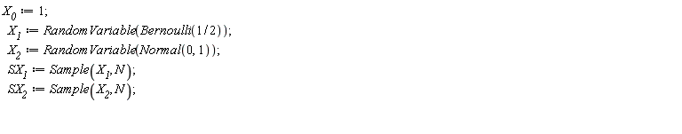 X__0 := 1; X__1 := RandomVariable(Bernoulli(1/2)); X__2 := RandomVariable(Normal(0, 1)); SX__1 := Sample(X__1, N); SX__2 := Sample(X__2, N)