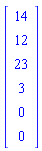 Vector(6, {(1) = 14, (2) = 12, (3) = 23, (4) = 3, (5) = 0, (6) = 0})