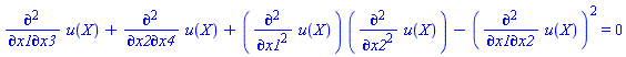 diff(diff(u(X), x1), x3)+diff(diff(u(X), x2), x4)+(diff(diff(u(X), x1), x1))*(diff(diff(u(X), x2), x2))-(diff(diff(u(X), x1), x2))^2 = 0