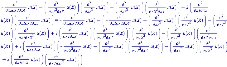 -(diff(diff(diff(u(X), x2), x3), x4))-(diff(diff(diff(u(X), x1), x1), x3))*(diff(diff(u(X), x2), x2))-(diff(diff(u(X), x1), x1))*(diff(diff(diff(u(X), x2), x2), x3))+2*(diff(diff(u(X), x1), x2))*(diff(diff(diff(u(X), x1), x2), x3)) = -(diff(diff(diff(u(X), x2), x3), x4))-(-(diff(diff(diff(u(X), x1), x2), x4))-(diff(diff(u(X), x2), x2))*(diff(diff(diff(u(X), x1), x1), x1))-(diff(diff(u(X), x1), x1))*(diff(diff(diff(u(X), x1), x2), x2))+2*(diff(diff(u(X), x1), x2))*(diff(diff(diff(u(X), x1), x1), x2)))*(diff(diff(u(X), x2), x2))-(diff(diff(u(X), x1), x1))*(diff(diff(diff(u(X), x2), x2), x3))+2*(diff(diff(u(X), x1), x2))*(-(diff(diff(diff(u(X), x2), x2), x4))-(diff(diff(u(X), x2), x2))*(diff(diff(diff(u(X), x1), x1), x2))-(diff(diff(u(X), x1), x1))*(diff(diff(diff(u(X), x2), x2), x2))+2*(diff(diff(u(X), x1), x2))*(diff(diff(diff(u(X), x1), x2), x2)))