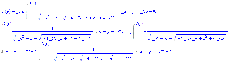 U(y) = _C1, Intat(1/(_a^2-a-(-4*_C1*_a+a^2+4*_C2)^(1/2))^(1/2), _a = U(y))-y-_C3 = 0, Intat(1/(_a^2-a+(-4*_C1*_a+a^2+4*_C2)^(1/2))^(1/2), _a = U(y))-y-_C3 = 0, Intat(-1/(_a^2-a-(-4*_C1*_a+a^2+4*_C2)^(1/2))^(1/2), _a = U(y))-y-_C3 = 0, Intat(-1/(_a^2-a+(-4*_C1*_a+a^2+4*_C2)^(1/2))^(1/2), _a = U(y))-y-_C3 = 0