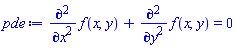 diff(diff(f(x, y), x), x)+diff(diff(f(x, y), y), y) = 0