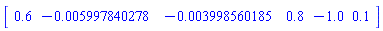Vector[row](6, {(1) = .6, (2) = -0.5997840278e-2, (3) = -0.3998560185e-2, (4) = .8, (5) = -1.0, (6) = .1})