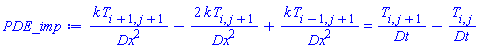 k*T[i+1, j+1]/Dx^2-2*k*T[i, j+1]/Dx^2+k*T[i-1, j+1]/Dx^2 = T[i, j+1]/Dt-T[i, j]/Dt