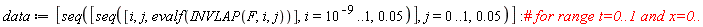 data := [seq([seq([i, j, evalf(INVLAP(F, i, j))], i = 10^(-9) .. 1, 0.5e-1)], j = 0 .. 1, 0.5e-1)]
