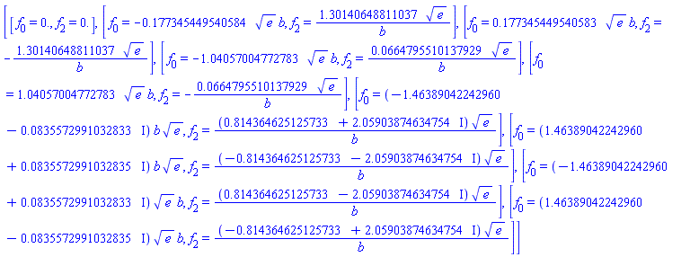 [[f[0] = 0., f[2] = 0.], [f[0] = -.177345449540584*e^(1/2)*b, f[2] = 1.30140648811037*e^(1/2)/b], [f[0] = .177345449540583*e^(1/2)*b, f[2] = -1.30140648811037*e^(1/2)/b], [f[0] = -1.04057004772783*e^(1/2)*b, f[2] = 0.664795510137929e-1*e^(1/2)/b], [f[0] = 1.04057004772783*e^(1/2)*b, f[2] = -0.664795510137929e-1*e^(1/2)/b], [f[0] = (-1.46389042242960-0.835572991032833e-1*I)*b*e^(1/2), f[2] = (.814364625125733+2.05903874634754*I)*e^(1/2)/b], [f[0] = (1.46389042242960+0.835572991032835e-1*I)*b*e^(1/2), f[2] = (-.814364625125733-2.05903874634754*I)*e^(1/2)/b], [f[0] = (-1.46389042242960+0.835572991032833e-1*I)*e^(1/2)*b, f[2] = (.814364625125733-2.05903874634754*I)*e^(1/2)/b], [f[0] = (1.46389042242960-0.835572991032835e-1*I)*e^(1/2)*b, f[2] = (-.814364625125733+2.05903874634754*I)*e^(1/2)/b]]