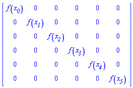 Matrix([[f(x__0), 0, 0, 0, 0, 0], [0, f(x__1), 0, 0, 0, 0], [0, 0, f(x__2), 0, 0, 0], [0, 0, 0, f(x__3), 0, 0], [0, 0, 0, 0, f(x__4), 0], [0, 0, 0, 0, 0, f(x__5)]])