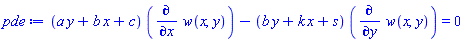 (a*y+b*x+c)*(diff(w(x, y), x))-(b*y+k*x+s)*(diff(w(x, y), y)) = 0