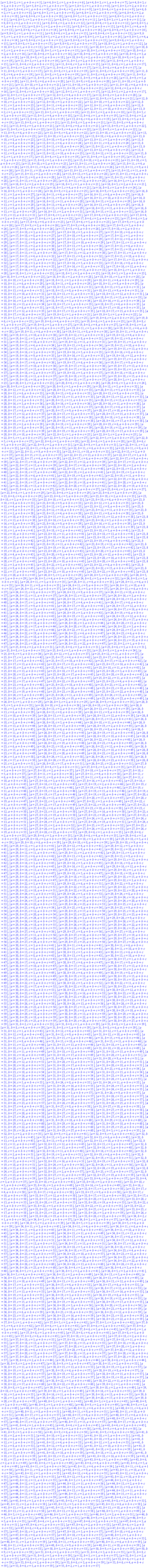 [a = 3, b = 2, c = 1, a+b+c = 5], [a = 4, b = 2, c = 1, a+b+c = 6], [a = 4, b = 3, c = 1, a+b+c = 7], [a = 4, b = 3, c = 2, a+b+c = 7], [a = 5, b = 2, c = 1, a+b+c = 7], [a = 5, b = 3, c = 1, a+b+c = 8], [a = 5, b = 3, c = 2, a+b+c = 8], [a = 5, b = 4, c = 1, a+b+c = 9], [a = 5, b = 4, c = 2, a+b+c = 9], [a = 5, b = 4, c = 3, a+b+c = 9], [a = 6, b = 2, c = 1, a+b+c = 8], [a = 6, b = 3, c = 1, a+b+c = 9], [a = 6, b = 3, c = 2, a+b+c = 9], [a = 6, b = 4, c = 2, a+b+c = 10], [a = 6, b = 4, c = 3, a+b+c = 10], [a = 6, b = 5, c = 1, a+b+c = 11], [a = 6, b = 5, c = 2, a+b+c = 11], [a = 6, b = 5, c = 3, a+b+c = 11], [a = 6, b = 5, c = 4, a+b+c = 11], [a = 8, b = 3, c = 1, a+b+c = 11], [a = 8, b = 3, c = 2, a+b+c = 11], [a = 8, b = 4, c = 2, a+b+c = 12], [a = 8, b = 4, c = 3, a+b+c = 12], [a = 8, b = 5, c = 1, a+b+c = 13], [a = 8, b = 5, c = 2, a+b+c = 13], [a = 8, b = 5, c = 3, a+b+c = 13], [a = 8, b = 5, c = 4, a+b+c = 13], [a = 8, b = 6, c = 2, a+b+c = 14], [a = 8, b = 6, c = 3, a+b+c = 14], [a = 8, b = 6, c = 5, a+b+c = 14], [a = 9, b = 2, c = 1, a+b+c = 11], [a = 9, b = 4, c = 2, a+b+c = 13], [a = 9, b = 4, c = 3, a+b+c = 13], [a = 9, b = 5, c = 1, a+b+c = 14], [a = 9, b = 5, c = 2, a+b+c = 14], [a = 9, b = 5, c = 3, a+b+c = 14], [a = 9, b = 5, c = 4, a+b+c = 14], [a = 9, b = 6, c = 2, a+b+c = 15], [a = 9, b = 6, c = 3, a+b+c = 15], [a = 9, b = 6, c = 5, a+b+c = 15], [a = 9, b = 8, c = 3, a+b+c = 17], [a = 9, b = 8, c = 5, a+b+c = 17], [a = 10, b = 2, c = 1, a+b+c = 12], [a = 10, b = 3, c = 1, a+b+c = 13], [a = 10, b = 3, c = 2, a+b+c = 13], [a = 10, b = 5, c = 1, a+b+c = 15], [a = 10, b = 5, c = 2, a+b+c = 15], [a = 10, b = 5, c = 3, a+b+c = 15], [a = 10, b = 5, c = 4, a+b+c = 15], [a = 10, b = 6, c = 2, a+b+c = 16], [a = 10, b = 6, c = 3, a+b+c = 16], [a = 10, b = 6, c = 5, a+b+c = 16], [a = 10, b = 8, c = 3, a+b+c = 18], [a = 10, b = 8, c = 5, a+b+c = 18], [a = 10, b = 9, c = 2, a+b+c = 19], [a = 10, b = 9, c = 5, a+b+c = 19], [a = 11, b = 3, c = 1, a+b+c = 14], [a = 11, b = 3, c = 2, a+b+c = 14], [a = 11, b = 4, c = 1, a+b+c = 15], [a = 11, b = 4, c = 2, a+b+c = 15], [a = 11, b = 4, c = 3, a+b+c = 15], [a = 11, b = 6, c = 1, a+b+c = 17], [a = 11, b = 6, c = 2, a+b+c = 17], [a = 11, b = 6, c = 3, a+b+c = 17], [a = 11, b = 6, c = 4, a+b+c = 17], [a = 11, b = 6, c = 5, a+b+c = 17], [a = 11, b = 8, c = 1, a+b+c = 19], [a = 11, b = 8, c = 3, a+b+c = 19], [a = 11, b = 8, c = 4, a+b+c = 19], [a = 11, b = 8, c = 5, a+b+c = 19], [a = 11, b = 8, c = 6, a+b+c = 19], [a = 11, b = 9, c = 1, a+b+c = 20], [a = 11, b = 9, c = 2, a+b+c = 20], [a = 11, b = 9, c = 4, a+b+c = 20], [a = 11, b = 9, c = 5, a+b+c = 20], [a = 11, b = 9, c = 6, a+b+c = 20], [a = 11, b = 9, c = 8, a+b+c = 20], [a = 11, b = 10, c = 2, a+b+c = 21], [a = 11, b = 10, c = 3, a+b+c = 21], [a = 11, b = 10, c = 5, a+b+c = 21], [a = 11, b = 10, c = 6, a+b+c = 21], [a = 11, b = 10, c = 8, a+b+c = 21], [a = 11, b = 10, c = 9, a+b+c = 21], [a = 12, b = 4, c = 2, a+b+c = 16], [a = 12, b = 4, c = 3, a+b+c = 16], [a = 12, b = 5, c = 1, a+b+c = 17], [a = 12, b = 5, c = 2, a+b+c = 17], [a = 12, b = 5, c = 3, a+b+c = 17], [a = 12, b = 5, c = 4, a+b+c = 17], [a = 12, b = 8, c = 3, a+b+c = 20], [a = 12, b = 8, c = 5, a+b+c = 20], [a = 12, b = 9, c = 2, a+b+c = 21], [a = 12, b = 9, c = 5, a+b+c = 21], [a = 12, b = 10, c = 2, a+b+c = 22], [a = 12, b = 10, c = 3, a+b+c = 22], [a = 12, b = 10, c = 5, a+b+c = 22], [a = 12, b = 11, c = 3, a+b+c = 23], [a = 12, b = 11, c = 4, a+b+c = 23], [a = 12, b = 11, c = 6, a+b+c = 23], [a = 12, b = 11, c = 8, a+b+c = 23], [a = 12, b = 11, c = 9, a+b+c = 23], [a = 12, b = 11, c = 10, a+b+c = 23], [a = 13, b = 2, c = 1, a+b+c = 15], [a = 13, b = 5, c = 1, a+b+c = 18], [a = 13, b = 5, c = 2, a+b+c = 18], [a = 13, b = 5, c = 3, a+b+c = 18], [a = 13, b = 5, c = 4, a+b+c = 18], [a = 13, b = 6, c = 1, a+b+c = 19], [a = 13, b = 6, c = 2, a+b+c = 19], [a = 13, b = 6, c = 3, a+b+c = 19], [a = 13, b = 6, c = 4, a+b+c = 19], [a = 13, b = 6, c = 5, a+b+c = 19], [a = 13, b = 8, c = 1, a+b+c = 21], [a = 13, b = 8, c = 3, a+b+c = 21], [a = 13, b = 8, c = 4, a+b+c = 21], [a = 13, b = 8, c = 5, a+b+c = 21], [a = 13, b = 8, c = 6, a+b+c = 21], [a = 13, b = 9, c = 1, a+b+c = 22], [a = 13, b = 9, c = 2, a+b+c = 22], [a = 13, b = 9, c = 4, a+b+c = 22], [a = 13, b = 9, c = 5, a+b+c = 22], [a = 13, b = 9, c = 6, a+b+c = 22], [a = 13, b = 9, c = 8, a+b+c = 22], [a = 13, b = 10, c = 2, a+b+c = 23], [a = 13, b = 10, c = 3, a+b+c = 23], [a = 13, b = 10, c = 5, a+b+c = 23], [a = 13, b = 10, c = 6, a+b+c = 23], [a = 13, b = 10, c = 8, a+b+c = 23], [a = 13, b = 10, c = 9, a+b+c = 23], [a = 13, b = 11, c = 3, a+b+c = 24], [a = 13, b = 11, c = 4, a+b+c = 24], [a = 13, b = 11, c = 6, a+b+c = 24], [a = 13, b = 11, c = 8, a+b+c = 24], [a = 13, b = 11, c = 9, a+b+c = 24], [a = 13, b = 11, c = 10, a+b+c = 24], [a = 13, b = 12, c = 1, a+b+c = 25], [a = 13, b = 12, c = 4, a+b+c = 25], [a = 13, b = 12, c = 5, a+b+c = 25], [a = 13, b = 12, c = 8, a+b+c = 25], [a = 13, b = 12, c = 9, a+b+c = 25], [a = 13, b = 12, c = 10, a+b+c = 25], [a = 13, b = 12, c = 11, a+b+c = 25], [a = 15, b = 2, c = 1, a+b+c = 17], [a = 15, b = 4, c = 2, a+b+c = 19], [a = 15, b = 4, c = 3, a+b+c = 19], [a = 15, b = 8, c = 3, a+b+c = 23], [a = 15, b = 8, c = 5, a+b+c = 23], [a = 15, b = 10, c = 2, a+b+c = 25], [a = 15, b = 10, c = 3, a+b+c = 25], [a = 15, b = 10, c = 5, a+b+c = 25], [a = 15, b = 11, c = 3, a+b+c = 26], [a = 15, b = 11, c = 4, a+b+c = 26], [a = 15, b = 11, c = 6, a+b+c = 26], [a = 15, b = 11, c = 8, a+b+c = 26], [a = 15, b = 11, c = 9, a+b+c = 26], [a = 15, b = 11, c = 10, a+b+c = 26], [a = 15, b = 12, c = 5, a+b+c = 27], [a = 15, b = 12, c = 11, a+b+c = 27], [a = 15, b = 13, c = 2, a+b+c = 28], [a = 15, b = 13, c = 5, a+b+c = 28], [a = 15, b = 13, c = 6, a+b+c = 28], [a = 15, b = 13, c = 8, a+b+c = 28], [a = 15, b = 13, c = 9, a+b+c = 28], [a = 15, b = 13, c = 10, a+b+c = 28], [a = 15, b = 13, c = 11, a+b+c = 28], [a = 15, b = 13, c = 12, a+b+c = 28], [a = 16, b = 3, c = 1, a+b+c = 19], [a = 16, b = 3, c = 2, a+b+c = 19], [a = 16, b = 5, c = 1, a+b+c = 21], [a = 16, b = 5, c = 2, a+b+c = 21], [a = 16, b = 5, c = 3, a+b+c = 21], [a = 16, b = 5, c = 4, a+b+c = 21], [a = 16, b = 8, c = 3, a+b+c = 24], [a = 16, b = 8, c = 5, a+b+c = 24], [a = 16, b = 9, c = 2, a+b+c = 25], [a = 16, b = 9, c = 5, a+b+c = 25], [a = 16, b = 11, c = 3, a+b+c = 27], [a = 16, b = 11, c = 4, a+b+c = 27], [a = 16, b = 11, c = 6, a+b+c = 27], [a = 16, b = 11, c = 8, a+b+c = 27], [a = 16, b = 11, c = 9, a+b+c = 27], [a = 16, b = 11, c = 10, a+b+c = 27], [a = 16, b = 12, c = 5, a+b+c = 28], [a = 16, b = 12, c = 11, a+b+c = 28], [a = 16, b = 13, c = 2, a+b+c = 29], [a = 16, b = 13, c = 5, a+b+c = 29], [a = 16, b = 13, c = 6, a+b+c = 29], [a = 16, b = 13, c = 8, a+b+c = 29], [a = 16, b = 13, c = 9, a+b+c = 29], [a = 16, b = 13, c = 10, a+b+c = 29], [a = 16, b = 13, c = 11, a+b+c = 29], [a = 16, b = 13, c = 12, a+b+c = 29], [a = 16, b = 15, c = 2, a+b+c = 31], [a = 16, b = 15, c = 11, a+b+c = 31], [a = 16, b = 15, c = 13, a+b+c = 31], [a = 17, b = 4, c = 1, a+b+c = 21], [a = 17, b = 4, c = 2, a+b+c = 21], [a = 17, b = 4, c = 3, a+b+c = 21], [a = 17, b = 6, c = 1, a+b+c = 23], [a = 17, b = 6, c = 2, a+b+c = 23], [a = 17, b = 6, c = 3, a+b+c = 23], [a = 17, b = 6, c = 4, a+b+c = 23], [a = 17, b = 6, c = 5, a+b+c = 23], [a = 17, b = 9, c = 1, a+b+c = 26], [a = 17, b = 9, c = 2, a+b+c = 26], [a = 17, b = 9, c = 4, a+b+c = 26], [a = 17, b = 9, c = 5, a+b+c = 26], [a = 17, b = 9, c = 6, a+b+c = 26], [a = 17, b = 9, c = 8, a+b+c = 26], [a = 17, b = 10, c = 2, a+b+c = 27], [a = 17, b = 10, c = 3, a+b+c = 27], [a = 17, b = 10, c = 5, a+b+c = 27], [a = 17, b = 10, c = 6, a+b+c = 27], [a = 17, b = 10, c = 8, a+b+c = 27], [a = 17, b = 10, c = 9, a+b+c = 27], [a = 17, b = 12, c = 1, a+b+c = 29], [a = 17, b = 12, c = 4, a+b+c = 29], [a = 17, b = 12, c = 5, a+b+c = 29], [a = 17, b = 12, c = 8, a+b+c = 29], [a = 17, b = 12, c = 9, a+b+c = 29], [a = 17, b = 12, c = 10, a+b+c = 29], [a = 17, b = 12, c = 11, a+b+c = 29], [a = 17, b = 13, c = 2, a+b+c = 30], [a = 17, b = 13, c = 5, a+b+c = 30], [a = 17, b = 13, c = 6, a+b+c = 30], [a = 17, b = 13, c = 8, a+b+c = 30], [a = 17, b = 13, c = 9, a+b+c = 30], [a = 17, b = 13, c = 10, a+b+c = 30], [a = 17, b = 13, c = 11, a+b+c = 30], [a = 17, b = 13, c = 12, a+b+c = 30], [a = 17, b = 15, c = 2, a+b+c = 32], [a = 17, b = 15, c = 4, a+b+c = 32], [a = 17, b = 15, c = 8, a+b+c = 32], [a = 17, b = 15, c = 10, a+b+c = 32], [a = 17, b = 15, c = 11, a+b+c = 32], [a = 17, b = 15, c = 12, a+b+c = 32], [a = 17, b = 15, c = 13, a+b+c = 32], [a = 17, b = 16, c = 3, a+b+c = 33], [a = 17, b = 16, c = 5, a+b+c = 33], [a = 17, b = 16, c = 8, a+b+c = 33], [a = 17, b = 16, c = 9, a+b+c = 33], [a = 17, b = 16, c = 11, a+b+c = 33], [a = 17, b = 16, c = 12, a+b+c = 33], [a = 17, b = 16, c = 13, a+b+c = 33], [a = 17, b = 16, c = 15, a+b+c = 33], [a = 18, b = 2, c = 1, a+b+c = 20], [a = 18, b = 5, c = 1, a+b+c = 23], [a = 18, b = 5, c = 2, a+b+c = 23], [a = 18, b = 5, c = 3, a+b+c = 23], [a = 18, b = 5, c = 4, a+b+c = 23], [a = 18, b = 10, c = 2, a+b+c = 28], [a = 18, b = 10, c = 3, a+b+c = 28], [a = 18, b = 10, c = 5, a+b+c = 28], [a = 18, b = 11, c = 3, a+b+c = 29], [a = 18, b = 11, c = 4, a+b+c = 29], [a = 18, b = 11, c = 6, a+b+c = 29], [a = 18, b = 11, c = 8, a+b+c = 29], [a = 18, b = 11, c = 9, a+b+c = 29], [a = 18, b = 11, c = 10, a+b+c = 29], [a = 18, b = 13, c = 2, a+b+c = 31], [a = 18, b = 13, c = 5, a+b+c = 31], [a = 18, b = 13, c = 6, a+b+c = 31], [a = 18, b = 13, c = 8, a+b+c = 31], [a = 18, b = 13, c = 9, a+b+c = 31], [a = 18, b = 13, c = 10, a+b+c = 31], [a = 18, b = 13, c = 11, a+b+c = 31], [a = 18, b = 13, c = 12, a+b+c = 31], [a = 18, b = 15, c = 2, a+b+c = 33], [a = 18, b = 15, c = 11, a+b+c = 33], [a = 18, b = 15, c = 13, a+b+c = 33], [a = 18, b = 16, c = 3, a+b+c = 34], [a = 18, b = 16, c = 5, a+b+c = 34], [a = 18, b = 16, c = 11, a+b+c = 34], [a = 18, b = 16, c = 13, a+b+c = 34], [a = 18, b = 17, c = 1, a+b+c = 35], [a = 18, b = 17, c = 4, a+b+c = 35], [a = 18, b = 17, c = 6, a+b+c = 35], [a = 18, b = 17, c = 9, a+b+c = 35], [a = 18, b = 17, c = 10, a+b+c = 35], [a = 18, b = 17, c = 12, a+b+c = 35], [a = 18, b = 17, c = 13, a+b+c = 35], [a = 18, b = 17, c = 15, a+b+c = 35], [a = 18, b = 17, c = 16, a+b+c = 35], [a = 19, b = 2, c = 1, a+b+c = 21], [a = 19, b = 3, c = 1, a+b+c = 22], [a = 19, b = 3, c = 2, a+b+c = 22], [a = 19, b = 6, c = 1, a+b+c = 25], [a = 19, b = 6, c = 2, a+b+c = 25], [a = 19, b = 6, c = 3, a+b+c = 25], [a = 19, b = 6, c = 4, a+b+c = 25], [a = 19, b = 6, c = 5, a+b+c = 25], [a = 19, b = 8, c = 1, a+b+c = 27], [a = 19, b = 8, c = 3, a+b+c = 27], [a = 19, b = 8, c = 4, a+b+c = 27], [a = 19, b = 8, c = 5, a+b+c = 27], [a = 19, b = 8, c = 6, a+b+c = 27], [a = 19, b = 11, c = 3, a+b+c = 30], [a = 19, b = 11, c = 4, a+b+c = 30], [a = 19, b = 11, c = 6, a+b+c = 30], [a = 19, b = 11, c = 8, a+b+c = 30], [a = 19, b = 11, c = 9, a+b+c = 30], [a = 19, b = 11, c = 10, a+b+c = 30], [a = 19, b = 12, c = 1, a+b+c = 31], [a = 19, b = 12, c = 4, a+b+c = 31], [a = 19, b = 12, c = 5, a+b+c = 31], [a = 19, b = 12, c = 8, a+b+c = 31], [a = 19, b = 12, c = 9, a+b+c = 31], [a = 19, b = 12, c = 10, a+b+c = 31], [a = 19, b = 12, c = 11, a+b+c = 31], [a = 19, b = 15, c = 2, a+b+c = 34], [a = 19, b = 15, c = 4, a+b+c = 34], [a = 19, b = 15, c = 8, a+b+c = 34], [a = 19, b = 15, c = 10, a+b+c = 34], [a = 19, b = 15, c = 11, a+b+c = 34], [a = 19, b = 15, c = 12, a+b+c = 34], [a = 19, b = 15, c = 13, a+b+c = 34], [a = 19, b = 16, c = 3, a+b+c = 35], [a = 19, b = 16, c = 5, a+b+c = 35], [a = 19, b = 16, c = 8, a+b+c = 35], [a = 19, b = 16, c = 9, a+b+c = 35], [a = 19, b = 16, c = 11, a+b+c = 35], [a = 19, b = 16, c = 12, a+b+c = 35], [a = 19, b = 16, c = 13, a+b+c = 35], [a = 19, b = 16, c = 15, a+b+c = 35], [a = 19, b = 17, c = 1, a+b+c = 36], [a = 19, b = 17, c = 4, a+b+c = 36], [a = 19, b = 17, c = 6, a+b+c = 36], [a = 19, b = 17, c = 9, a+b+c = 36], [a = 19, b = 17, c = 10, a+b+c = 36], [a = 19, b = 17, c = 12, a+b+c = 36], [a = 19, b = 17, c = 13, a+b+c = 36], [a = 19, b = 17, c = 15, a+b+c = 36], [a = 19, b = 17, c = 16, a+b+c = 36], [a = 19, b = 18, c = 1, a+b+c = 37], [a = 19, b = 18, c = 2, a+b+c = 37], [a = 19, b = 18, c = 5, a+b+c = 37], [a = 19, b = 18, c = 10, a+b+c = 37], [a = 19, b = 18, c = 11, a+b+c = 37], [a = 19, b = 18, c = 13, a+b+c = 37], [a = 19, b = 18, c = 15, a+b+c = 37], [a = 19, b = 18, c = 16, a+b+c = 37], [a = 19, b = 18, c = 17, a+b+c = 37], [a = 20, b = 3, c = 1, a+b+c = 23], [a = 20, b = 3, c = 2, a+b+c = 23], [a = 20, b = 4, c = 2, a+b+c = 24], [a = 20, b = 4, c = 3, a+b+c = 24], [a = 20, b = 9, c = 2, a+b+c = 29], [a = 20, b = 9, c = 5, a+b+c = 29], [a = 20, b = 12, c = 5, a+b+c = 32], [a = 20, b = 12, c = 11, a+b+c = 32], [a = 20, b = 13, c = 2, a+b+c = 33], [a = 20, b = 13, c = 5, a+b+c = 33], [a = 20, b = 13, c = 6, a+b+c = 33], [a = 20, b = 13, c = 8, a+b+c = 33], [a = 20, b = 13, c = 9, a+b+c = 33], [a = 20, b = 13, c = 10, a+b+c = 33], [a = 20, b = 13, c = 11, a+b+c = 33], [a = 20, b = 13, c = 12, a+b+c = 33], [a = 20, b = 15, c = 2, a+b+c = 35], [a = 20, b = 15, c = 11, a+b+c = 35], [a = 20, b = 15, c = 13, a+b+c = 35], [a = 20, b = 16, c = 3, a+b+c = 36], [a = 20, b = 16, c = 5, a+b+c = 36], [a = 20, b = 16, c = 11, a+b+c = 36], [a = 20, b = 16, c = 13, a+b+c = 36], [a = 20, b = 17, c = 1, a+b+c = 37], [a = 20, b = 17, c = 4, a+b+c = 37], [a = 20, b = 17, c = 6, a+b+c = 37], [a = 20, b = 17, c = 9, a+b+c = 37], [a = 20, b = 17, c = 10, a+b+c = 37], [a = 20, b = 17, c = 12, a+b+c = 37], [a = 20, b = 17, c = 13, a+b+c = 37], [a = 20, b = 17, c = 15, a+b+c = 37], [a = 20, b = 17, c = 16, a+b+c = 37], [a = 20, b = 18, c = 2, a+b+c = 38], [a = 20, b = 18, c = 5, a+b+c = 38], [a = 20, b = 18, c = 11, a+b+c = 38], [a = 20, b = 18, c = 13, a+b+c = 38], [a = 20, b = 18, c = 17, a+b+c = 38], [a = 20, b = 19, c = 2, a+b+c = 39], [a = 20, b = 19, c = 3, a+b+c = 39], [a = 20, b = 19, c = 6, a+b+c = 39], [a = 20, b = 19, c = 8, a+b+c = 39], [a = 20, b = 19, c = 11, a+b+c = 39], [a = 20, b = 19, c = 12, a+b+c = 39], [a = 20, b = 19, c = 15, a+b+c = 39], [a = 20, b = 19, c = 16, a+b+c = 39], [a = 20, b = 19, c = 17, a+b+c = 39], [a = 20, b = 19, c = 18, a+b+c = 39], [a = 22, b = 3, c = 1, a+b+c = 25], [a = 22, b = 3, c = 2, a+b+c = 25], [a = 22, b = 5, c = 1, a+b+c = 27], [a = 22, b = 5, c = 2, a+b+c = 27], [a = 22, b = 5, c = 3, a+b+c = 27], [a = 22, b = 5, c = 4, a+b+c = 27], [a = 22, b = 6, c = 2, a+b+c = 28], [a = 22, b = 6, c = 3, a+b+c = 28], [a = 22, b = 6, c = 5, a+b+c = 28], [a = 22, b = 9, c = 2, a+b+c = 31], [a = 22, b = 9, c = 5, a+b+c = 31], [a = 22, b = 11, c = 3, a+b+c = 33], [a = 22, b = 11, c = 4, a+b+c = 33], [a = 22, b = 11, c = 6, a+b+c = 33], [a = 22, b = 11, c = 8, a+b+c = 33], [a = 22, b = 11, c = 9, a+b+c = 33], [a = 22, b = 11, c = 10, a+b+c = 33], [a = 22, b = 15, c = 2, a+b+c = 37], [a = 22, b = 15, c = 11, a+b+c = 37], [a = 22, b = 15, c = 13, a+b+c = 37], [a = 22, b = 17, c = 1, a+b+c = 39], [a = 22, b = 17, c = 4, a+b+c = 39], [a = 22, b = 17, c = 6, a+b+c = 39], [a = 22, b = 17, c = 9, a+b+c = 39], [a = 22, b = 17, c = 10, a+b+c = 39], [a = 22, b = 17, c = 12, a+b+c = 39], [a = 22, b = 17, c = 13, a+b+c = 39], [a = 22, b = 17, c = 15, a+b+c = 39], [a = 22, b = 17, c = 16, a+b+c = 39], [a = 22, b = 18, c = 2, a+b+c = 40], [a = 22, b = 18, c = 5, a+b+c = 40], [a = 22, b = 18, c = 11, a+b+c = 40], [a = 22, b = 18, c = 13, a+b+c = 40], [a = 22, b = 18, c = 17, a+b+c = 40], [a = 22, b = 19, c = 2, a+b+c = 41], [a = 22, b = 19, c = 3, a+b+c = 41], [a = 22, b = 19, c = 6, a+b+c = 41], [a = 22, b = 19, c = 8, a+b+c = 41], [a = 22, b = 19, c = 11, a+b+c = 41], [a = 22, b = 19, c = 12, a+b+c = 41], [a = 22, b = 19, c = 15, a+b+c = 41], [a = 22, b = 19, c = 16, a+b+c = 41], [a = 22, b = 19, c = 17, a+b+c = 41], [a = 22, b = 19, c = 18, a+b+c = 41], [a = 22, b = 20, c = 3, a+b+c = 42], [a = 22, b = 20, c = 13, a+b+c = 42], [a = 22, b = 20, c = 17, a+b+c = 42], [a = 22, b = 20, c = 19, a+b+c = 42], [a = 23, b = 4, c = 1, a+b+c = 27], [a = 23, b = 4, c = 2, a+b+c = 27], [a = 23, b = 4, c = 3, a+b+c = 27], [a = 23, b = 6, c = 1, a+b+c = 29], [a = 23, b = 6, c = 2, a+b+c = 29], [a = 23, b = 6, c = 3, a+b+c = 29], [a = 23, b = 6, c = 4, a+b+c = 29], [a = 23, b = 6, c = 5, a+b+c = 29], [a = 23, b = 10, c = 2, a+b+c = 33], [a = 23, b = 10, c = 3, a+b+c = 33], [a = 23, b = 10, c = 5, a+b+c = 33], [a = 23, b = 10, c = 6, a+b+c = 33], [a = 23, b = 10, c = 8, a+b+c = 33], [a = 23, b = 10, c = 9, a+b+c = 33], [a = 23, b = 12, c = 1, a+b+c = 35], [a = 23, b = 12, c = 4, a+b+c = 35], [a = 23, b = 12, c = 5, a+b+c = 35], [a = 23, b = 12, c = 8, a+b+c = 35], [a = 23, b = 12, c = 9, a+b+c = 35], [a = 23, b = 12, c = 10, a+b+c = 35], [a = 23, b = 12, c = 11, a+b+c = 35], [a = 23, b = 15, c = 2, a+b+c = 38], [a = 23, b = 15, c = 4, a+b+c = 38], [a = 23, b = 15, c = 8, a+b+c = 38], [a = 23, b = 15, c = 10, a+b+c = 38], [a = 23, b = 15, c = 11, a+b+c = 38], [a = 23, b = 15, c = 12, a+b+c = 38], [a = 23, b = 15, c = 13, a+b+c = 38], [a = 23, b = 16, c = 3, a+b+c = 39], [a = 23, b = 16, c = 5, a+b+c = 39], [a = 23, b = 16, c = 8, a+b+c = 39], [a = 23, b = 16, c = 9, a+b+c = 39], [a = 23, b = 16, c = 11, a+b+c = 39], [a = 23, b = 16, c = 12, a+b+c = 39], [a = 23, b = 16, c = 13, a+b+c = 39], [a = 23, b = 16, c = 15, a+b+c = 39], [a = 23, b = 18, c = 1, a+b+c = 41], [a = 23, b = 18, c = 2, a+b+c = 41], [a = 23, b = 18, c = 5, a+b+c = 41], [a = 23, b = 18, c = 10, a+b+c = 41], [a = 23, b = 18, c = 11, a+b+c = 41], [a = 23, b = 18, c = 13, a+b+c = 41], [a = 23, b = 18, c = 15, a+b+c = 41], [a = 23, b = 18, c = 16, a+b+c = 41], [a = 23, b = 18, c = 17, a+b+c = 41], [a = 23, b = 19, c = 2, a+b+c = 42], [a = 23, b = 19, c = 3, a+b+c = 42], [a = 23, b = 19, c = 6, a+b+c = 42], [a = 23, b = 19, c = 8, a+b+c = 42], [a = 23, b = 19, c = 11, a+b+c = 42], [a = 23, b = 19, c = 12, a+b+c = 42], [a = 23, b = 19, c = 15, a+b+c = 42], [a = 23, b = 19, c = 16, a+b+c = 42], [a = 23, b = 19, c = 17, a+b+c = 42], [a = 23, b = 19, c = 18, a+b+c = 42], [a = 23, b = 20, c = 1, a+b+c = 43], [a = 23, b = 20, c = 3, a+b+c = 43], [a = 23, b = 20, c = 4, a+b+c = 43], [a = 23, b = 20, c = 9, a+b+c = 43], [a = 23, b = 20, c = 12, a+b+c = 43], [a = 23, b = 20, c = 13, a+b+c = 43], [a = 23, b = 20, c = 15, a+b+c = 43], [a = 23, b = 20, c = 16, a+b+c = 43], [a = 23, b = 20, c = 17, a+b+c = 43], [a = 23, b = 20, c = 18, a+b+c = 43], [a = 23, b = 20, c = 19, a+b+c = 43], [a = 23, b = 22, c = 3, a+b+c = 45], [a = 23, b = 22, c = 5, a+b+c = 45], [a = 23, b = 22, c = 6, a+b+c = 45], [a = 23, b = 22, c = 9, a+b+c = 45], [a = 23, b = 22, c = 11, a+b+c = 45], [a = 23, b = 22, c = 15, a+b+c = 45], [a = 23, b = 22, c = 17, a+b+c = 45], [a = 23, b = 22, c = 18, a+b+c = 45], [a = 23, b = 22, c = 19, a+b+c = 45], [a = 23, b = 22, c = 20, a+b+c = 45], [a = 24, b = 5, c = 1, a+b+c = 29], [a = 24, b = 5, c = 2, a+b+c = 29], [a = 24, b = 5, c = 3, a+b+c = 29], [a = 24, b = 5, c = 4, a+b+c = 29], [a = 24, b = 8, c = 3, a+b+c = 32], [a = 24, b = 8, c = 5, a+b+c = 32], [a = 24, b = 11, c = 3, a+b+c = 35], [a = 24, b = 11, c = 4, a+b+c = 35], [a = 24, b = 11, c = 6, a+b+c = 35], [a = 24, b = 11, c = 8, a+b+c = 35], [a = 24, b = 11, c = 9, a+b+c = 35], [a = 24, b = 11, c = 10, a+b+c = 35], [a = 24, b = 13, c = 2, a+b+c = 37], [a = 24, b = 13, c = 5, a+b+c = 37], [a = 24, b = 13, c = 6, a+b+c = 37], [a = 24, b = 13, c = 8, a+b+c = 37], [a = 24, b = 13, c = 9, a+b+c = 37], [a = 24, b = 13, c = 10, a+b+c = 37], [a = 24, b = 13, c = 11, a+b+c = 37], [a = 24, b = 13, c = 12, a+b+c = 37], [a = 24, b = 16, c = 3, a+b+c = 40], [a = 24, b = 16, c = 5, a+b+c = 40], [a = 24, b = 16, c = 11, a+b+c = 40], [a = 24, b = 16, c = 13, a+b+c = 40], [a = 24, b = 17, c = 1, a+b+c = 41], [a = 24, b = 17, c = 4, a+b+c = 41], [a = 24, b = 17, c = 6, a+b+c = 41], [a = 24, b = 17, c = 9, a+b+c = 41], [a = 24, b = 17, c = 10, a+b+c = 41], [a = 24, b = 17, c = 12, a+b+c = 41], [a = 24, b = 17, c = 13, a+b+c = 41], [a = 24, b = 17, c = 15, a+b+c = 41], [a = 24, b = 17, c = 16, a+b+c = 41], [a = 24, b = 19, c = 2, a+b+c = 43], [a = 24, b = 19, c = 3, a+b+c = 43], [a = 24, b = 19, c = 6, a+b+c = 43], [a = 24, b = 19, c = 8, a+b+c = 43], [a = 24, b = 19, c = 11, a+b+c = 43], [a = 24, b = 19, c = 12, a+b+c = 43], [a = 24, b = 19, c = 15, a+b+c = 43], [a = 24, b = 19, c = 16, a+b+c = 43], [a = 24, b = 19, c = 17, a+b+c = 43], [a = 24, b = 19, c = 18, a+b+c = 43], [a = 24, b = 20, c = 3, a+b+c = 44], [a = 24, b = 20, c = 13, a+b+c = 44], [a = 24, b = 20, c = 17, a+b+c = 44], [a = 24, b = 20, c = 19, a+b+c = 44], [a = 24, b = 22, c = 3, a+b+c = 46], [a = 24, b = 22, c = 5, a+b+c = 46], [a = 24, b = 22, c = 11, a+b+c = 46], [a = 24, b = 22, c = 17, a+b+c = 46], [a = 24, b = 22, c = 19, a+b+c = 46], [a = 24, b = 23, c = 4, a+b+c = 47], [a = 24, b = 23, c = 6, a+b+c = 47], [a = 24, b = 23, c = 10, a+b+c = 47], [a = 24, b = 23, c = 12, a+b+c = 47], [a = 24, b = 23, c = 15, a+b+c = 47], [a = 24, b = 23, c = 16, a+b+c = 47], [a = 24, b = 23, c = 18, a+b+c = 47], [a = 24, b = 23, c = 19, a+b+c = 47], [a = 24, b = 23, c = 20, a+b+c = 47], [a = 24, b = 23, c = 22, a+b+c = 47], [a = 25, b = 2, c = 1, a+b+c = 27], [a = 25, b = 6, c = 2, a+b+c = 31], [a = 25, b = 6, c = 3, a+b+c = 31], [a = 25, b = 6, c = 5, a+b+c = 31], [a = 25, b = 8, c = 3, a+b+c = 33], [a = 25, b = 8, c = 5, a+b+c = 33], [a = 25, b = 9, c = 2, a+b+c = 34], [a = 25, b = 9, c = 5, a+b+c = 34], [a = 25, b = 12, c = 5, a+b+c = 37], [a = 25, b = 12, c = 11, a+b+c = 37], [a = 25, b = 17, c = 1, a+b+c = 42], [a = 25, b = 17, c = 4, a+b+c = 42], [a = 25, b = 17, c = 6, a+b+c = 42], [a = 25, b = 17, c = 9, a+b+c = 42], [a = 25, b = 17, c = 10, a+b+c = 42], [a = 25, b = 17, c = 12, a+b+c = 42], [a = 25, b = 17, c = 13, a+b+c = 42], [a = 25, b = 17, c = 15, a+b+c = 42], [a = 25, b = 17, c = 16, a+b+c = 42], [a = 25, b = 18, c = 2, a+b+c = 43], [a = 25, b = 18, c = 5, a+b+c = 43], [a = 25, b = 18, c = 11, a+b+c = 43], [a = 25, b = 18, c = 13, a+b+c = 43], [a = 25, b = 18, c = 17, a+b+c = 43], [a = 25, b = 20, c = 3, a+b+c = 45], [a = 25, b = 20, c = 13, a+b+c = 45], [a = 25, b = 20, c = 17, a+b+c = 45], [a = 25, b = 20, c = 19, a+b+c = 45], [a = 25, b = 22, c = 3, a+b+c = 47], [a = 25, b = 22, c = 5, a+b+c = 47], [a = 25, b = 22, c = 11, a+b+c = 47], [a = 25, b = 22, c = 17, a+b+c = 47], [a = 25, b = 22, c = 19, a+b+c = 47], [a = 25, b = 23, c = 4, a+b+c = 48], [a = 25, b = 23, c = 6, a+b+c = 48], [a = 25, b = 23, c = 10, a+b+c = 48], [a = 25, b = 23, c = 12, a+b+c = 48], [a = 25, b = 23, c = 15, a+b+c = 48], [a = 25, b = 23, c = 16, a+b+c = 48], [a = 25, b = 23, c = 18, a+b+c = 48], [a = 25, b = 23, c = 19, a+b+c = 48], [a = 25, b = 23, c = 20, a+b+c = 48], [a = 25, b = 23, c = 22, a+b+c = 48], [a = 25, b = 24, c = 5, a+b+c = 49], [a = 25, b = 24, c = 11, a+b+c = 49], [a = 25, b = 24, c = 13, a+b+c = 49], [a = 25, b = 24, c = 17, a+b+c = 49], [a = 25, b = 24, c = 19, a+b+c = 49], [a = 25, b = 24, c = 23, a+b+c = 49], [a = 26, b = 3, c = 1, a+b+c = 29], [a = 26, b = 3, c = 2, a+b+c = 29], [a = 26, b = 9, c = 2, a+b+c = 35], [a = 26, b = 9, c = 5, a+b+c = 35], [a = 26, b = 10, c = 2, a+b+c = 36], [a = 26, b = 10, c = 3, a+b+c = 36], [a = 26, b = 10, c = 5, a+b+c = 36], [a = 26, b = 13, c = 2, a+b+c = 39], [a = 26, b = 13, c = 5, a+b+c = 39], [a = 26, b = 13, c = 6, a+b+c = 39], [a = 26, b = 13, c = 8, a+b+c = 39], [a = 26, b = 13, c = 9, a+b+c = 39], [a = 26, b = 13, c = 10, a+b+c = 39], [a = 26, b = 13, c = 11, a+b+c = 39], [a = 26, b = 13, c = 12, a+b+c = 39], [a = 26, b = 15, c = 2, a+b+c = 41], [a = 26, b = 15, c = 11, a+b+c = 41], [a = 26, b = 15, c = 13, a+b+c = 41], [a = 26, b = 18, c = 2, a+b+c = 44], [a = 26, b = 18, c = 5, a+b+c = 44], [a = 26, b = 18, c = 11, a+b+c = 44], [a = 26, b = 18, c = 13, a+b+c = 44], [a = 26, b = 18, c = 17, a+b+c = 44], [a = 26, b = 19, c = 2, a+b+c = 45], [a = 26, b = 19, c = 3, a+b+c = 45], [a = 26, b = 19, c = 6, a+b+c = 45], [a = 26, b = 19, c = 8, a+b+c = 45], [a = 26, b = 19, c = 11, a+b+c = 45], [a = 26, b = 19, c = 12, a+b+c = 45], [a = 26, b = 19, c = 15, a+b+c = 45], [a = 26, b = 19, c = 16, a+b+c = 45], [a = 26, b = 19, c = 17, a+b+c = 45], [a = 26, b = 19, c = 18, a+b+c = 45], [a = 26, b = 22, c = 3, a+b+c = 48], [a = 26, b = 22, c = 5, a+b+c = 48], [a = 26, b = 22, c = 11, a+b+c = 48], [a = 26, b = 22, c = 17, a+b+c = 48], [a = 26, b = 22, c = 19, a+b+c = 48], [a = 26, b = 23, c = 4, a+b+c = 49], [a = 26, b = 23, c = 6, a+b+c = 49], [a = 26, b = 23, c = 10, a+b+c = 49], [a = 26, b = 23, c = 12, a+b+c = 49], [a = 26, b = 23, c = 15, a+b+c = 49], [a = 26, b = 23, c = 16, a+b+c = 49], [a = 26, b = 23, c = 18, a+b+c = 49], [a = 26, b = 23, c = 19, a+b+c = 49], [a = 26, b = 23, c = 20, a+b+c = 49], [a = 26, b = 23, c = 22, a+b+c = 49], [a = 26, b = 24, c = 5, a+b+c = 50], [a = 26, b = 24, c = 11, a+b+c = 50], [a = 26, b = 24, c = 13, a+b+c = 50], [a = 26, b = 24, c = 17, a+b+c = 50], [a = 26, b = 24, c = 19, a+b+c = 50], [a = 26, b = 24, c = 23, a+b+c = 50], [a = 26, b = 25, c = 2, a+b+c = 51], [a = 26, b = 25, c = 17, a+b+c = 51], [a = 26, b = 25, c = 23, a+b+c = 51], [a = 27, b = 4, c = 2, a+b+c = 31], [a = 27, b = 4, c = 3, a+b+c = 31], [a = 27, b = 8, c = 3, a+b+c = 35], [a = 27, b = 8, c = 5, a+b+c = 35], [a = 27, b = 10, c = 2, a+b+c = 37], [a = 27, b = 10, c = 3, a+b+c = 37], [a = 27, b = 10, c = 5, a+b+c = 37], [a = 27, b = 11, c = 3, a+b+c = 38], [a = 27, b = 11, c = 4, a+b+c = 38], [a = 27, b = 11, c = 6, a+b+c = 38], [a = 27, b = 11, c = 8, a+b+c = 38], [a = 27, b = 11, c = 9, a+b+c = 38], [a = 27, b = 11, c = 10, a+b+c = 38], [a = 27, b = 16, c = 3, a+b+c = 43], [a = 27, b = 16, c = 5, a+b+c = 43], [a = 27, b = 16, c = 11, a+b+c = 43], [a = 27, b = 16, c = 13, a+b+c = 43], [a = 27, b = 19, c = 2, a+b+c = 46], [a = 27, b = 19, c = 3, a+b+c = 46], [a = 27, b = 19, c = 6, a+b+c = 46], [a = 27, b = 19, c = 8, a+b+c = 46], [a = 27, b = 19, c = 11, a+b+c = 46], [a = 27, b = 19, c = 12, a+b+c = 46], [a = 27, b = 19, c = 15, a+b+c = 46], [a = 27, b = 19, c = 16, a+b+c = 46], [a = 27, b = 19, c = 17, a+b+c = 46], [a = 27, b = 19, c = 18, a+b+c = 46], [a = 27, b = 20, c = 3, a+b+c = 47], [a = 27, b = 20, c = 13, a+b+c = 47], [a = 27, b = 20, c = 17, a+b+c = 47], [a = 27, b = 20, c = 19, a+b+c = 47], [a = 27, b = 22, c = 3, a+b+c = 49], [a = 27, b = 22, c = 5, a+b+c = 49], [a = 27, b = 22, c = 11, a+b+c = 49], [a = 27, b = 22, c = 17, a+b+c = 49], [a = 27, b = 22, c = 19, a+b+c = 49], [a = 27, b = 23, c = 4, a+b+c = 50], [a = 27, b = 23, c = 6, a+b+c = 50], [a = 27, b = 23, c = 10, a+b+c = 50], [a = 27, b = 23, c = 12, a+b+c = 50], [a = 27, b = 23, c = 15, a+b+c = 50], [a = 27, b = 23, c = 16, a+b+c = 50], [a = 27, b = 23, c = 18, a+b+c = 50], [a = 27, b = 23, c = 19, a+b+c = 50], [a = 27, b = 23, c = 20, a+b+c = 50], [a = 27, b = 23, c = 22, a+b+c = 50], [a = 27, b = 24, c = 5, a+b+c = 51], [a = 27, b = 24, c = 11, a+b+c = 51], [a = 27, b = 24, c = 13, a+b+c = 51], [a = 27, b = 24, c = 17, a+b+c = 51], [a = 27, b = 24, c = 19, a+b+c = 51], [a = 27, b = 24, c = 23, a+b+c = 51], [a = 27, b = 25, c = 2, a+b+c = 52], [a = 27, b = 25, c = 17, a+b+c = 52], [a = 27, b = 25, c = 23, a+b+c = 52], [a = 27, b = 26, c = 3, a+b+c = 53], [a = 27, b = 26, c = 13, a+b+c = 53], [a = 27, b = 26, c = 19, a+b+c = 53], [a = 27, b = 26, c = 23, a+b+c = 53], [a = 29, b = 6, c = 1, a+b+c = 35], [a = 29, b = 6, c = 2, a+b+c = 35], [a = 29, b = 6, c = 3, a+b+c = 35], [a = 29, b = 6, c = 4, a+b+c = 35], [a = 29, b = 6, c = 5, a+b+c = 35], [a = 29, b = 10, c = 2, a+b+c = 39], [a = 29, b = 10, c = 3, a+b+c = 39], [a = 29, b = 10, c = 5, a+b+c = 39], [a = 29, b = 10, c = 6, a+b+c = 39], [a = 29, b = 10, c = 8, a+b+c = 39], [a = 29, b = 10, c = 9, a+b+c = 39], [a = 29, b = 12, c = 1, a+b+c = 41], [a = 29, b = 12, c = 4, a+b+c = 41], [a = 29, b = 12, c = 5, a+b+c = 41], [a = 29, b = 12, c = 8, a+b+c = 41], [a = 29, b = 12, c = 9, a+b+c = 41], [a = 29, b = 12, c = 10, a+b+c = 41], [a = 29, b = 12, c = 11, a+b+c = 41], [a = 29, b = 13, c = 2, a+b+c = 42], [a = 29, b = 13, c = 5, a+b+c = 42], [a = 29, b = 13, c = 6, a+b+c = 42], [a = 29, b = 13, c = 8, a+b+c = 42], [a = 29, b = 13, c = 9, a+b+c = 42], [a = 29, b = 13, c = 10, a+b+c = 42], [a = 29, b = 13, c = 11, a+b+c = 42], [a = 29, b = 13, c = 12, a+b+c = 42], [a = 29, b = 16, c = 3, a+b+c = 45], [a = 29, b = 16, c = 5, a+b+c = 45], [a = 29, b = 16, c = 8, a+b+c = 45], [a = 29, b = 16, c = 9, a+b+c = 45], [a = 29, b = 16, c = 11, a+b+c = 45], [a = 29, b = 16, c = 12, a+b+c = 45], [a = 29, b = 16, c = 13, a+b+c = 45], [a = 29, b = 16, c = 15, a+b+c = 45], [a = 29, b = 18, c = 1, a+b+c = 47], [a = 29, b = 18, c = 2, a+b+c = 47], [a = 29, b = 18, c = 5, a+b+c = 47], [a = 29, b = 18, c = 10, a+b+c = 47], [a = 29, b = 18, c = 11, a+b+c = 47], [a = 29, b = 18, c = 13, a+b+c = 47], [a = 29, b = 18, c = 15, a+b+c = 47], [a = 29, b = 18, c = 16, a+b+c = 47], [a = 29, b = 18, c = 17, a+b+c = 47], [a = 29, b = 22, c = 3, a+b+c = 51], [a = 29, b = 22, c = 5, a+b+c = 51], [a = 29, b = 22, c = 6, a+b+c = 51], [a = 29, b = 22, c = 9, a+b+c = 51], [a = 29, b = 22, c = 11, a+b+c = 51], [a = 29, b = 22, c = 15, a+b+c = 51], [a = 29, b = 22, c = 17, a+b+c = 51], [a = 29, b = 22, c = 18, a+b+c = 51], [a = 29, b = 22, c = 19, a+b+c = 51], [a = 29, b = 22, c = 20, a+b+c = 51], [a = 29, b = 24, c = 1, a+b+c = 53], [a = 29, b = 24, c = 5, a+b+c = 53], [a = 29, b = 24, c = 8, a+b+c = 53], [a = 29, b = 24, c = 11, a+b+c = 53], [a = 29, b = 24, c = 13, a+b+c = 53], [a = 29, b = 24, c = 16, a+b+c = 53], [a = 29, b = 24, c = 17, a+b+c = 53], [a = 29, b = 24, c = 19, a+b+c = 53], [a = 29, b = 24, c = 20, a+b+c = 53], [a = 29, b = 24, c = 22, a+b+c = 53], [a = 29, b = 24, c = 23, a+b+c = 53], [a = 29, b = 25, c = 2, a+b+c = 54], [a = 29, b = 25, c = 6, a+b+c = 54], [a = 29, b = 25, c = 8, a+b+c = 54], [a = 29, b = 25, c = 9, a+b+c = 54], [a = 29, b = 25, c = 12, a+b+c = 54], [a = 29, b = 25, c = 17, a+b+c = 54], [a = 29, b = 25, c = 18, a+b+c = 54], [a = 29, b = 25, c = 20, a+b+c = 54], [a = 29, b = 25, c = 22, a+b+c = 54], [a = 29, b = 25, c = 23, a+b+c = 54], [a = 29, b = 25, c = 24, a+b+c = 54], [a = 29, b = 26, c = 3, a+b+c = 55], [a = 29, b = 26, c = 9, a+b+c = 55], [a = 29, b = 26, c = 10, a+b+c = 55], [a = 29, b = 26, c = 13, a+b+c = 55], [a = 29, b = 26, c = 15, a+b+c = 55], [a = 29, b = 26, c = 18, a+b+c = 55], [a = 29, b = 26, c = 19, a+b+c = 55], [a = 29, b = 26, c = 22, a+b+c = 55], [a = 29, b = 26, c = 23, a+b+c = 55], [a = 29, b = 26, c = 24, a+b+c = 55], [a = 29, b = 26, c = 25, a+b+c = 55], [a = 29, b = 27, c = 4, a+b+c = 56], [a = 29, b = 27, c = 8, a+b+c = 56], [a = 29, b = 27, c = 10, a+b+c = 56], [a = 29, b = 27, c = 11, a+b+c = 56], [a = 29, b = 27, c = 16, a+b+c = 56], [a = 29, b = 27, c = 19, a+b+c = 56], [a = 29, b = 27, c = 20, a+b+c = 56], [a = 29, b = 27, c = 22, a+b+c = 56], [a = 29, b = 27, c = 23, a+b+c = 56], [a = 29, b = 27, c = 24, a+b+c = 56], [a = 29, b = 27, c = 25, a+b+c = 56], [a = 29, b = 27, c = 26, a+b+c = 56], [a = 30, b = 11, c = 3, a+b+c = 41], [a = 30, b = 11, c = 4, a+b+c = 41], [a = 30, b = 11, c = 6, a+b+c = 41], [a = 30, b = 11, c = 8, a+b+c = 41], [a = 30, b = 11, c = 9, a+b+c = 41], [a = 30, b = 11, c = 10, a+b+c = 41], [a = 30, b = 13, c = 2, a+b+c = 43], [a = 30, b = 13, c = 5, a+b+c = 43], [a = 30, b = 13, c = 6, a+b+c = 43], [a = 30, b = 13, c = 8, a+b+c = 43], [a = 30, b = 13, c = 9, a+b+c = 43], [a = 30, b = 13, c = 10, a+b+c = 43], [a = 30, b = 13, c = 11, a+b+c = 43], [a = 30, b = 13, c = 12, a+b+c = 43], [a = 30, b = 17, c = 1, a+b+c = 47], [a = 30, b = 17, c = 4, a+b+c = 47], [a = 30, b = 17, c = 6, a+b+c = 47], [a = 30, b = 17, c = 9, a+b+c = 47], [a = 30, b = 17, c = 10, a+b+c = 47], [a = 30, b = 17, c = 12, a+b+c = 47], [a = 30, b = 17, c = 13, a+b+c = 47], [a = 30, b = 17, c = 15, a+b+c = 47], [a = 30, b = 17, c = 16, a+b+c = 47], [a = 30, b = 19, c = 2, a+b+c = 49], [a = 30, b = 19, c = 3, a+b+c = 49], [a = 30, b = 19, c = 6, a+b+c = 49], [a = 30, b = 19, c = 8, a+b+c = 49], [a = 30, b = 19, c = 11, a+b+c = 49], [a = 30, b = 19, c = 12, a+b+c = 49], [a = 30, b = 19, c = 15, a+b+c = 49], [a = 30, b = 19, c = 16, a+b+c = 49], [a = 30, b = 19, c = 17, a+b+c = 49], [a = 30, b = 19, c = 18, a+b+c = 49], [a = 30, b = 22, c = 3, a+b+c = 52], [a = 30, b = 22, c = 5, a+b+c = 52], [a = 30, b = 22, c = 11, a+b+c = 52], [a = 30, b = 22, c = 17, a+b+c = 52], [a = 30, b = 22, c = 19, a+b+c = 52], [a = 30, b = 23, c = 4, a+b+c = 53], [a = 30, b = 23, c = 6, a+b+c = 53], [a = 30, b = 23, c = 10, a+b+c = 53], [a = 30, b = 23, c = 12, a+b+c = 53], [a = 30, b = 23, c = 15, a+b+c = 53], [a = 30, b = 23, c = 16, a+b+c = 53], [a = 30, b = 23, c = 18, a+b+c = 53], [a = 30, b = 23, c = 19, a+b+c = 53], [a = 30, b = 23, c = 20, a+b+c = 53], [a = 30, b = 23, c = 22, a+b+c = 53], [a = 30, b = 25, c = 2, a+b+c = 55], [a = 30, b = 25, c = 17, a+b+c = 55], [a = 30, b = 25, c = 23, a+b+c = 55], [a = 30, b = 26, c = 3, a+b+c = 56], [a = 30, b = 26, c = 13, a+b+c = 56], [a = 30, b = 26, c = 19, a+b+c = 56], [a = 30, b = 26, c = 23, a+b+c = 56], [a = 30, b = 27, c = 11, a+b+c = 57], [a = 30, b = 27, c = 19, a+b+c = 57], [a = 30, b = 27, c = 23, a+b+c = 57], [a = 30, b = 29, c = 6, a+b+c = 59], [a = 30, b = 29, c = 10, a+b+c = 59], [a = 30, b = 29, c = 12, a+b+c = 59], [a = 30, b = 29, c = 13, a+b+c = 59], [a = 30, b = 29, c = 16, a+b+c = 59], [a = 30, b = 29, c = 18, a+b+c = 59], [a = 30, b = 29, c = 22, a+b+c = 59], [a = 30, b = 29, c = 24, a+b+c = 59], [a = 30, b = 29, c = 25, a+b+c = 59], [a = 30, b = 29, c = 26, a+b+c = 59], [a = 30, b = 29, c = 27, a+b+c = 59], [a = 31, b = 2, c = 1, a+b+c = 33], [a = 31, b = 8, c = 1, a+b+c = 39], [a = 31, b = 8, c = 3, a+b+c = 39], [a = 31, b = 8, c = 4, a+b+c = 39], [a = 31, b = 8, c = 5, a+b+c = 39], [a = 31, b = 8, c = 6, a+b+c = 39], [a = 31, b = 12, c = 1, a+b+c = 43], [a = 31, b = 12, c = 4, a+b+c = 43], [a = 31, b = 12, c = 5, a+b+c = 43], [a = 31, b = 12, c = 8, a+b+c = 43], [a = 31, b = 12, c = 9, a+b+c = 43], [a = 31, b = 12, c = 10, a+b+c = 43], [a = 31, b = 12, c = 11, a+b+c = 43], [a = 31, b = 15, c = 2, a+b+c = 46], [a = 31, b = 15, c = 4, a+b+c = 46], [a = 31, b = 15, c = 8, a+b+c = 46], [a = 31, b = 15, c = 10, a+b+c = 46], [a = 31, b = 15, c = 11, a+b+c = 46], [a = 31, b = 15, c = 12, a+b+c = 46], [a = 31, b = 15, c = 13, a+b+c = 46], [a = 31, b = 18, c = 1, a+b+c = 49], [a = 31, b = 18, c = 2, a+b+c = 49], [a = 31, b = 18, c = 5, a+b+c = 49], [a = 31, b = 18, c = 10, a+b+c = 49], [a = 31, b = 18, c = 11, a+b+c = 49], [a = 31, b = 18, c = 13, a+b+c = 49], [a = 31, b = 18, c = 15, a+b+c = 49], [a = 31, b = 18, c = 16, a+b+c = 49], [a = 31, b = 18, c = 17, a+b+c = 49], [a = 31, b = 20, c = 1, a+b+c = 51], [a = 31, b = 20, c = 3, a+b+c = 51], [a = 31, b = 20, c = 4, a+b+c = 51], [a = 31, b = 20, c = 9, a+b+c = 51], [a = 31, b = 20, c = 12, a+b+c = 51], [a = 31, b = 20, c = 13, a+b+c = 51], [a = 31, b = 20, c = 15, a+b+c = 51], [a = 31, b = 20, c = 16, a+b+c = 51], [a = 31, b = 20, c = 17, a+b+c = 51], [a = 31, b = 20, c = 18, a+b+c = 51], [a = 31, b = 20, c = 19, a+b+c = 51], [a = 31, b = 23, c = 4, a+b+c = 54], [a = 31, b = 23, c = 6, a+b+c = 54], [a = 31, b = 23, c = 10, a+b+c = 54], [a = 31, b = 23, c = 12, a+b+c = 54], [a = 31, b = 23, c = 15, a+b+c = 54], [a = 31, b = 23, c = 16, a+b+c = 54], [a = 31, b = 23, c = 18, a+b+c = 54], [a = 31, b = 23, c = 19, a+b+c = 54], [a = 31, b = 23, c = 20, a+b+c = 54], [a = 31, b = 23, c = 22, a+b+c = 54], [a = 31, b = 24, c = 1, a+b+c = 55], [a = 31, b = 24, c = 5, a+b+c = 55], [a = 31, b = 24, c = 8, a+b+c = 55], [a = 31, b = 24, c = 11, a+b+c = 55], [a = 31, b = 24, c = 13, a+b+c = 55], [a = 31, b = 24, c = 16, a+b+c = 55], [a = 31, b = 24, c = 17, a+b+c = 55], [a = 31, b = 24, c = 19, a+b+c = 55], [a = 31, b = 24, c = 20, a+b+c = 55], [a = 31, b = 24, c = 22, a+b+c = 55], [a = 31, b = 24, c = 23, a+b+c = 55], [a = 31, b = 26, c = 3, a+b+c = 57], [a = 31, b = 26, c = 9, a+b+c = 57], [a = 31, b = 26, c = 10, a+b+c = 57], [a = 31, b = 26, c = 13, a+b+c = 57], [a = 31, b = 26, c = 15, a+b+c = 57], [a = 31, b = 26, c = 18, a+b+c = 57], [a = 31, b = 26, c = 19, a+b+c = 57], [a = 31, b = 26, c = 22, a+b+c = 57], [a = 31, b = 26, c = 23, a+b+c = 57], [a = 31, b = 26, c = 24, a+b+c = 57], [a = 31, b = 26, c = 25, a+b+c = 57], [a = 31, b = 27, c = 4, a+b+c = 58], [a = 31, b = 27, c = 8, a+b+c = 58], [a = 31, b = 27, c = 10, a+b+c = 58], [a = 31, b = 27, c = 11, a+b+c = 58], [a = 31, b = 27, c = 16, a+b+c = 58], [a = 31, b = 27, c = 19, a+b+c = 58], [a = 31, b = 27, c = 20, a+b+c = 58], [a = 31, b = 27, c = 22, a+b+c = 58], [a = 31, b = 27, c = 23, a+b+c = 58], [a = 31, b = 27, c = 24, a+b+c = 58], [a = 31, b = 27, c = 25, a+b+c = 58], [a = 31, b = 27, c = 26, a+b+c = 58], [a = 31, b = 29, c = 6, a+b+c = 60], [a = 31, b = 29, c = 10, a+b+c = 60], [a = 31, b = 29, c = 12, a+b+c = 60], [a = 31, b = 29, c = 13, a+b+c = 60], [a = 31, b = 29, c = 16, a+b+c = 60], [a = 31, b = 29, c = 18, a+b+c = 60], [a = 31, b = 29, c = 22, a+b+c = 60], [a = 31, b = 29, c = 24, a+b+c = 60], [a = 31, b = 29, c = 25, a+b+c = 60], [a = 31, b = 29, c = 26, a+b+c = 60], [a = 31, b = 29, c = 27, a+b+c = 60], [a = 32, b = 3, c = 1, a+b+c = 35], [a = 32, b = 3, c = 2, a+b+c = 35], [a = 32, b = 9, c = 2, a+b+c = 41], [a = 32, b = 9, c = 5, a+b+c = 41], [a = 32, b = 13, c = 2, a+b+c = 45], [a = 32, b = 13, c = 5, a+b+c = 45], [a = 32, b = 13, c = 6, a+b+c = 45], [a = 32, b = 13, c = 8, a+b+c = 45], [a = 32, b = 13, c = 9, a+b+c = 45], [a = 32, b = 13, c = 10, a+b+c = 45], [a = 32, b = 13, c = 11, a+b+c = 45], [a = 32, b = 13, c = 12, a+b+c = 45], [a = 32, b = 15, c = 2, a+b+c = 47], [a = 32, b = 15, c = 11, a+b+c = 47], [a = 32, b = 15, c = 13, a+b+c = 47], [a = 32, b = 16, c = 3, a+b+c = 48], [a = 32, b = 16, c = 5, a+b+c = 48], [a = 32, b = 16, c = 11, a+b+c = 48], [a = 32, b = 16, c = 13, a+b+c = 48], [a = 32, b = 19, c = 2, a+b+c = 51], [a = 32, b = 19, c = 3, a+b+c = 51], [a = 32, b = 19, c = 6, a+b+c = 51], [a = 32, b = 19, c = 8, a+b+c = 51], [a = 32, b = 19, c = 11, a+b+c = 51], [a = 32, b = 19, c = 12, a+b+c = 51], [a = 32, b = 19, c = 15, a+b+c = 51], [a = 32, b = 19, c = 16, a+b+c = 51], [a = 32, b = 19, c = 17, a+b+c = 51], [a = 32, b = 19, c = 18, a+b+c = 51], [a = 32, b = 24, c = 5, a+b+c = 56], [a = 32, b = 24, c = 11, a+b+c = 56], [a = 32, b = 24, c = 13, a+b+c = 56], [a = 32, b = 24, c = 17, a+b+c = 56], [a = 32, b = 24, c = 19, a+b+c = 56], [a = 32, b = 24, c = 23, a+b+c = 56], [a = 32, b = 25, c = 2, a+b+c = 57], [a = 32, b = 25, c = 17, a+b+c = 57], [a = 32, b = 25, c = 23, a+b+c = 57], [a = 32, b = 27, c = 11, a+b+c = 59], [a = 32, b = 27, c = 19, a+b+c = 59], [a = 32, b = 27, c = 23, a+b+c = 59], [a = 33, b = 2, c = 1, a+b+c = 35], [a = 33, b = 4, c = 2, a+b+c = 37], [a = 33, b = 4, c = 3, a+b+c = 37], [a = 33, b = 10, c = 2, a+b+c = 43], [a = 33, b = 10, c = 3, a+b+c = 43], [a = 33, b = 10, c = 5, a+b+c = 43], [a = 33, b = 16, c = 3, a+b+c = 49], [a = 33, b = 16, c = 5, a+b+c = 49], [a = 33, b = 16, c = 11, a+b+c = 49], [a = 33, b = 16, c = 13, a+b+c = 49], [a = 33, b = 17, c = 1, a+b+c = 50], [a = 33, b = 17, c = 4, a+b+c = 50], [a = 33, b = 17, c = 6, a+b+c = 50], [a = 33, b = 17, c = 9, a+b+c = 50], [a = 33, b = 17, c = 10, a+b+c = 50], [a = 33, b = 17, c = 12, a+b+c = 50], [a = 33, b = 17, c = 13, a+b+c = 50], [a = 33, b = 17, c = 15, a+b+c = 50], [a = 33, b = 17, c = 16, a+b+c = 50], [a = 33, b = 20, c = 3, a+b+c = 53], [a = 33, b = 20, c = 13, a+b+c = 53], [a = 33, b = 20, c = 17, a+b+c = 53], [a = 33, b = 20, c = 19, a+b+c = 53], [a = 33, b = 22, c = 3, a+b+c = 55], [a = 33, b = 22, c = 5, a+b+c = 55], [a = 33, b = 22, c = 11, a+b+c = 55], [a = 33, b = 22, c = 17, a+b+c = 55], [a = 33, b = 22, c = 19, a+b+c = 55], [a = 33, b = 25, c = 2, a+b+c = 58], [a = 33, b = 25, c = 17, a+b+c = 58], [a = 33, b = 25, c = 23, a+b+c = 58], [a = 33, b = 26, c = 3, a+b+c = 59], [a = 33, b = 26, c = 13, a+b+c = 59], [a = 33, b = 26, c = 19, a+b+c = 59], [a = 33, b = 26, c = 23, a+b+c = 59], [a = 34, b = 2, c = 1, a+b+c = 36], [a = 34, b = 3, c = 1, a+b+c = 37], [a = 34, b = 3, c = 2, a+b+c = 37], [a = 34, b = 5, c = 1, a+b+c = 39], [a = 34, b = 5, c = 2, a+b+c = 39], [a = 34, b = 5, c = 3, a+b+c = 39], [a = 34, b = 5, c = 4, a+b+c = 39], [a = 34, b = 11, c = 3, a+b+c = 45], [a = 34, b = 11, c = 4, a+b+c = 45], [a = 34, b = 11, c = 6, a+b+c = 45], [a = 34, b = 11, c = 8, a+b+c = 45], [a = 34, b = 11, c = 9, a+b+c = 45], [a = 34, b = 11, c = 10, a+b+c = 45], [a = 34, b = 15, c = 2, a+b+c = 49], [a = 34, b = 15, c = 11, a+b+c = 49], [a = 34, b = 15, c = 13, a+b+c = 49], [a = 34, b = 17, c = 1, a+b+c = 51], [a = 34, b = 17, c = 4, a+b+c = 51], [a = 34, b = 17, c = 6, a+b+c = 51], [a = 34, b = 17, c = 9, a+b+c = 51], [a = 34, b = 17, c = 10, a+b+c = 51], [a = 34, b = 17, c = 12, a+b+c = 51], [a = 34, b = 17, c = 13, a+b+c = 51], [a = 34, b = 17, c = 15, a+b+c = 51], [a = 34, b = 17, c = 16, a+b+c = 51], [a = 34, b = 18, c = 2, a+b+c = 52], [a = 34, b = 18, c = 5, a+b+c = 52], [a = 34, b = 18, c = 11, a+b+c = 52], [a = 34, b = 18, c = 13, a+b+c = 52], [a = 34, b = 18, c = 17, a+b+c = 52], [a = 34, b = 23, c = 4, a+b+c = 57], [a = 34, b = 23, c = 6, a+b+c = 57], [a = 34, b = 23, c = 10, a+b+c = 57], [a = 34, b = 23, c = 12, a+b+c = 57], [a = 34, b = 23, c = 15, a+b+c = 57], [a = 34, b = 23, c = 16, a+b+c = 57], [a = 34, b = 23, c = 18, a+b+c = 57], [a = 34, b = 23, c = 19, a+b+c = 57], [a = 34, b = 23, c = 20, a+b+c = 57], [a = 34, b = 23, c = 22, a+b+c = 57], [a = 34, b = 26, c = 3, a+b+c = 60], [a = 34, b = 26, c = 13, a+b+c = 60], [a = 34, b = 26, c = 19, a+b+c = 60], [a = 34, b = 26, c = 23, a+b+c = 60], [a = 36, b = 4, c = 2, a+b+c = 40], [a = 36, b = 4, c = 3, a+b+c = 40], [a = 36, b = 5, c = 1, a+b+c = 41], [a = 36, b = 5, c = 2, a+b+c = 41], [a = 36, b = 5, c = 3, a+b+c = 41], [a = 36, b = 5, c = 4, a+b+c = 41], [a = 36, b = 13, c = 2, a+b+c = 49], [a = 36, b = 13, c = 5, a+b+c = 49], [a = 36, b = 13, c = 6, a+b+c = 49], [a = 36, b = 13, c = 8, a+b+c = 49], [a = 36, b = 13, c = 9, a+b+c = 49], [a = 36, b = 13, c = 10, a+b+c = 49], [a = 36, b = 13, c = 11, a+b+c = 49], [a = 36, b = 13, c = 12, a+b+c = 49], [a = 36, b = 17, c = 1, a+b+c = 53], [a = 36, b = 17, c = 4, a+b+c = 53], [a = 36, b = 17, c = 6, a+b+c = 53], [a = 36, b = 17, c = 9, a+b+c = 53], [a = 36, b = 17, c = 10, a+b+c = 53], [a = 36, b = 17, c = 12, a+b+c = 53], [a = 36, b = 17, c = 13, a+b+c = 53], [a = 36, b = 17, c = 15, a+b+c = 53], [a = 36, b = 17, c = 16, a+b+c = 53], [a = 36, b = 19, c = 2, a+b+c = 55], [a = 36, b = 19, c = 3, a+b+c = 55], [a = 36, b = 19, c = 6, a+b+c = 55], [a = 36, b = 19, c = 8, a+b+c = 55], [a = 36, b = 19, c = 11, a+b+c = 55], [a = 36, b = 19, c = 12, a+b+c = 55], [a = 36, b = 19, c = 15, a+b+c = 55], [a = 36, b = 19, c = 16, a+b+c = 55], [a = 36, b = 19, c = 17, a+b+c = 55], [a = 36, b = 19, c = 18, a+b+c = 55], [a = 36, b = 20, c = 3, a+b+c = 56], [a = 36, b = 20, c = 13, a+b+c = 56], [a = 36, b = 20, c = 17, a+b+c = 56], [a = 36, b = 20, c = 19, a+b+c = 56], [a = 36, b = 23, c = 4, a+b+c = 59], [a = 36, b = 23, c = 6, a+b+c = 59], [a = 36, b = 23, c = 10, a+b+c = 59], [a = 36, b = 23, c = 12, a+b+c = 59], [a = 36, b = 23, c = 15, a+b+c = 59], [a = 36, b = 23, c = 16, a+b+c = 59], [a = 36, b = 23, c = 18, a+b+c = 59], [a = 36, b = 23, c = 19, a+b+c = 59], [a = 36, b = 23, c = 20, a+b+c = 59], [a = 36, b = 23, c = 22, a+b+c = 59], [a = 37, b = 5, c = 1, a+b+c = 42], [a = 37, b = 5, c = 2, a+b+c = 42], [a = 37, b = 5, c = 3, a+b+c = 42], [a = 37, b = 5, c = 4, a+b+c = 42], [a = 37, b = 6, c = 1, a+b+c = 43], [a = 37, b = 6, c = 2, a+b+c = 43], [a = 37, b = 6, c = 3, a+b+c = 43], [a = 37, b = 6, c = 4, a+b+c = 43], [a = 37, b = 6, c = 5, a+b+c = 43], [a = 37, b = 8, c = 1, a+b+c = 45], [a = 37, b = 8, c = 3, a+b+c = 45], [a = 37, b = 8, c = 4, a+b+c = 45], [a = 37, b = 8, c = 5, a+b+c = 45], [a = 37, b = 8, c = 6, a+b+c = 45], [a = 37, b = 18, c = 1, a+b+c = 55], [a = 37, b = 18, c = 2, a+b+c = 55], [a = 37, b = 18, c = 5, a+b+c = 55], [a = 37, b = 18, c = 10, a+b+c = 55], [a = 37, b = 18, c = 11, a+b+c = 55], [a = 37, b = 18, c = 13, a+b+c = 55], [a = 37, b = 18, c = 15, a+b+c = 55], [a = 37, b = 18, c = 16, a+b+c = 55], [a = 37, b = 18, c = 17, a+b+c = 55], [a = 37, b = 20, c = 1, a+b+c = 57], [a = 37, b = 20, c = 3, a+b+c = 57], [a = 37, b = 20, c = 4, a+b+c = 57], [a = 37, b = 20, c = 9, a+b+c = 57], [a = 37, b = 20, c = 12, a+b+c = 57], [a = 37, b = 20, c = 13, a+b+c = 57], [a = 37, b = 20, c = 15, a+b+c = 57], [a = 37, b = 20, c = 16, a+b+c = 57], [a = 37, b = 20, c = 17, a+b+c = 57], [a = 37, b = 20, c = 18, a+b+c = 57], [a = 37, b = 20, c = 19, a+b+c = 57], [a = 38, b = 6, c = 2, a+b+c = 44], [a = 38, b = 6, c = 3, a+b+c = 44], [a = 38, b = 6, c = 5, a+b+c = 44], [a = 38, b = 9, c = 2, a+b+c = 47], [a = 38, b = 9, c = 5, a+b+c = 47], [a = 38, b = 15, c = 2, a+b+c = 53], [a = 38, b = 15, c = 11, a+b+c = 53], [a = 38, b = 15, c = 13, a+b+c = 53], [a = 38, b = 19, c = 2, a+b+c = 57], [a = 38, b = 19, c = 3, a+b+c = 57], [a = 38, b = 19, c = 6, a+b+c = 57], [a = 38, b = 19, c = 8, a+b+c = 57], [a = 38, b = 19, c = 11, a+b+c = 57], [a = 38, b = 19, c = 12, a+b+c = 57], [a = 38, b = 19, c = 15, a+b+c = 57], [a = 38, b = 19, c = 16, a+b+c = 57], [a = 38, b = 19, c = 17, a+b+c = 57], [a = 38, b = 19, c = 18, a+b+c = 57], [a = 38, b = 22, c = 3, a+b+c = 60], [a = 38, b = 22, c = 5, a+b+c = 60], [a = 38, b = 22, c = 11, a+b+c = 60], [a = 38, b = 22, c = 17, a+b+c = 60], [a = 38, b = 22, c = 19, a+b+c = 60], [a = 39, b = 2, c = 1, a+b+c = 41], [a = 39, b = 8, c = 3, a+b+c = 47], [a = 39, b = 8, c = 5, a+b+c = 47], [a = 39, b = 10, c = 2, a+b+c = 49], [a = 39, b = 10, c = 3, a+b+c = 49], [a = 39, b = 10, c = 5, a+b+c = 49], [a = 39, b = 16, c = 3, a+b+c = 55], [a = 39, b = 16, c = 5, a+b+c = 55], [a = 39, b = 16, c = 11, a+b+c = 55], [a = 39, b = 16, c = 13, a+b+c = 55], [a = 39, b = 20, c = 3, a+b+c = 59], [a = 39, b = 20, c = 13, a+b+c = 59], [a = 39, b = 20, c = 17, a+b+c = 59], [a = 39, b = 20, c = 19, a+b+c = 59], [a = 40, b = 3, c = 1, a+b+c = 43], [a = 40, b = 3, c = 2, a+b+c = 43], [a = 40, b = 8, c = 3, a+b+c = 48], [a = 40, b = 8, c = 5, a+b+c = 48], [a = 40, b = 9, c = 2, a+b+c = 49], [a = 40, b = 9, c = 5, a+b+c = 49], [a = 40, b = 11, c = 3, a+b+c = 51], [a = 40, b = 11, c = 4, a+b+c = 51], [a = 40, b = 11, c = 6, a+b+c = 51], [a = 40, b = 11, c = 8, a+b+c = 51], [a = 40, b = 11, c = 9, a+b+c = 51], [a = 40, b = 11, c = 10, a+b+c = 51], [a = 40, b = 17, c = 1, a+b+c = 57], [a = 40, b = 17, c = 4, a+b+c = 57], [a = 40, b = 17, c = 6, a+b+c = 57], [a = 40, b = 17, c = 9, a+b+c = 57], [a = 40, b = 17, c = 10, a+b+c = 57], [a = 40, b = 17, c = 12, a+b+c = 57], [a = 40, b = 17, c = 13, a+b+c = 57], [a = 40, b = 17, c = 15, a+b+c = 57], [a = 40, b = 17, c = 16, a+b+c = 57], [a = 41, b = 4, c = 1, a+b+c = 45], [a = 41, b = 4, c = 2, a+b+c = 45], [a = 41, b = 4, c = 3, a+b+c = 45], [a = 41, b = 9, c = 1, a+b+c = 50], [a = 41, b = 9, c = 2, a+b+c = 50], [a = 41, b = 9, c = 4, a+b+c = 50], [a = 41, b = 9, c = 5, a+b+c = 50], [a = 41, b = 9, c = 6, a+b+c = 50], [a = 41, b = 9, c = 8, a+b+c = 50], [a = 41, b = 10, c = 2, a+b+c = 51], [a = 41, b = 10, c = 3, a+b+c = 51], [a = 41, b = 10, c = 5, a+b+c = 51], [a = 41, b = 10, c = 6, a+b+c = 51], [a = 41, b = 10, c = 8, a+b+c = 51], [a = 41, b = 10, c = 9, a+b+c = 51], [a = 41, b = 12, c = 1, a+b+c = 53], [a = 41, b = 12, c = 4, a+b+c = 53], [a = 41, b = 12, c = 5, a+b+c = 53], [a = 41, b = 12, c = 8, a+b+c = 53], [a = 41, b = 12, c = 9, a+b+c = 53], [a = 41, b = 12, c = 10, a+b+c = 53], [a = 41, b = 12, c = 11, a+b+c = 53], [a = 41, b = 18, c = 1, a+b+c = 59], [a = 41, b = 18, c = 2, a+b+c = 59], [a = 41, b = 18, c = 5, a+b+c = 59], [a = 41, b = 18, c = 10, a+b+c = 59], [a = 41, b = 18, c = 11, a+b+c = 59], [a = 41, b = 18, c = 13, a+b+c = 59], [a = 41, b = 18, c = 15, a+b+c = 59], [a = 41, b = 18, c = 16, a+b+c = 59], [a = 41, b = 18, c = 17, a+b+c = 59], [a = 43, b = 2, c = 1, a+b+c = 45], [a = 43, b = 6, c = 1, a+b+c = 49], [a = 43, b = 6, c = 2, a+b+c = 49], [a = 43, b = 6, c = 3, a+b+c = 49], [a = 43, b = 6, c = 4, a+b+c = 49], [a = 43, b = 6, c = 5, a+b+c = 49], [a = 43, b = 11, c = 3, a+b+c = 54], [a = 43, b = 11, c = 4, a+b+c = 54], [a = 43, b = 11, c = 6, a+b+c = 54], [a = 43, b = 11, c = 8, a+b+c = 54], [a = 43, b = 11, c = 9, a+b+c = 54], [a = 43, b = 11, c = 10, a+b+c = 54], [a = 43, b = 12, c = 1, a+b+c = 55], [a = 43, b = 12, c = 4, a+b+c = 55], [a = 43, b = 12, c = 5, a+b+c = 55], [a = 43, b = 12, c = 8, a+b+c = 55], [a = 43, b = 12, c = 9, a+b+c = 55], [a = 43, b = 12, c = 10, a+b+c = 55], [a = 43, b = 12, c = 11, a+b+c = 55], [a = 44, b = 3, c = 1, a+b+c = 47], [a = 44, b = 3, c = 2, a+b+c = 47], [a = 44, b = 12, c = 5, a+b+c = 56], [a = 44, b = 12, c = 11, a+b+c = 56], [a = 44, b = 13, c = 2, a+b+c = 57], [a = 44, b = 13, c = 5, a+b+c = 57], [a = 44, b = 13, c = 6, a+b+c = 57], [a = 44, b = 13, c = 8, a+b+c = 57], [a = 44, b = 13, c = 9, a+b+c = 57], [a = 44, b = 13, c = 10, a+b+c = 57], [a = 44, b = 13, c = 11, a+b+c = 57], [a = 44, b = 13, c = 12, a+b+c = 57], [a = 44, b = 15, c = 2, a+b+c = 59], [a = 44, b = 15, c = 11, a+b+c = 59], [a = 44, b = 15, c = 13, a+b+c = 59], [a = 45, b = 2, c = 1, a+b+c = 47], [a = 45, b = 4, c = 2, a+b+c = 49], [a = 45, b = 4, c = 3, a+b+c = 49], [a = 45, b = 8, c = 3, a+b+c = 53], [a = 45, b = 8, c = 5, a+b+c = 53], [a = 45, b = 13, c = 2, a+b+c = 58], [a = 45, b = 13, c = 5, a+b+c = 58], [a = 45, b = 13, c = 6, a+b+c = 58], [a = 45, b = 13, c = 8, a+b+c = 58], [a = 45, b = 13, c = 9, a+b+c = 58], [a = 45, b = 13, c = 10, a+b+c = 58], [a = 45, b = 13, c = 11, a+b+c = 58], [a = 45, b = 13, c = 12, a+b+c = 58], [a = 46, b = 3, c = 1, a+b+c = 49], [a = 46, b = 3, c = 2, a+b+c = 49], [a = 46, b = 5, c = 1, a+b+c = 51], [a = 46, b = 5, c = 2, a+b+c = 51], [a = 46, b = 5, c = 3, a+b+c = 51], [a = 46, b = 5, c = 4, a+b+c = 51], [a = 46, b = 9, c = 2, a+b+c = 55], [a = 46, b = 9, c = 5, a+b+c = 55], [a = 47, b = 4, c = 1, a+b+c = 51], [a = 47, b = 4, c = 2, a+b+c = 51], [a = 47, b = 4, c = 3, a+b+c = 51], [a = 47, b = 6, c = 1, a+b+c = 53], [a = 47, b = 6, c = 2, a+b+c = 53], [a = 47, b = 6, c = 3, a+b+c = 53], [a = 47, b = 6, c = 4, a+b+c = 53], [a = 47, b = 6, c = 5, a+b+c = 53], [a = 47, b = 10, c = 2, a+b+c = 57], [a = 47, b = 10, c = 3, a+b+c = 57], [a = 47, b = 10, c = 5, a+b+c = 57], [a = 47, b = 10, c = 6, a+b+c = 57], [a = 47, b = 10, c = 8, a+b+c = 57], [a = 47, b = 10, c = 9, a+b+c = 57], [a = 48, b = 5, c = 1, a+b+c = 53], [a = 48, b = 5, c = 2, a+b+c = 53], [a = 48, b = 5, c = 3, a+b+c = 53], [a = 48, b = 5, c = 4, a+b+c = 53], [a = 48, b = 11, c = 3, a+b+c = 59], [a = 48, b = 11, c = 4, a+b+c = 59], [a = 48, b = 11, c = 6, a+b+c = 59], [a = 48, b = 11, c = 8, a+b+c = 59], [a = 48, b = 11, c = 9, a+b+c = 59], [a = 48, b = 11, c = 10, a+b+c = 59], [a = 50, b = 3, c = 1, a+b+c = 53], [a = 50, b = 3, c = 2, a+b+c = 53], [a = 50, b = 9, c = 2, a+b+c = 59], [a = 50, b = 9, c = 5, a+b+c = 59], [a = 51, b = 4, c = 2, a+b+c = 55], [a = 51, b = 4, c = 3, a+b+c = 55], [a = 51, b = 8, c = 3, a+b+c = 59], [a = 51, b = 8, c = 5, a+b+c = 59], [a = 52, b = 5, c = 1, a+b+c = 57], [a = 52, b = 5, c = 2, a+b+c = 57], [a = 52, b = 5, c = 3, a+b+c = 57], [a = 52, b = 5, c = 4, a+b+c = 57], [a = 53, b = 6, c = 1, a+b+c = 59], [a = 53, b = 6, c = 2, a+b+c = 59], [a = 53, b = 6, c = 3, a+b+c = 59], [a = 53, b = 6, c = 4, a+b+c = 59], [a = 53, b = 6, c = 5, a+b+c = 59], [a = 55, b = 2, c = 1, a+b+c = 57]