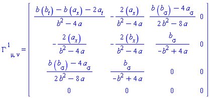 Physics:-Christoffel[`~1`, mu, nu] = Matrix(%id = 18446744078318380086)