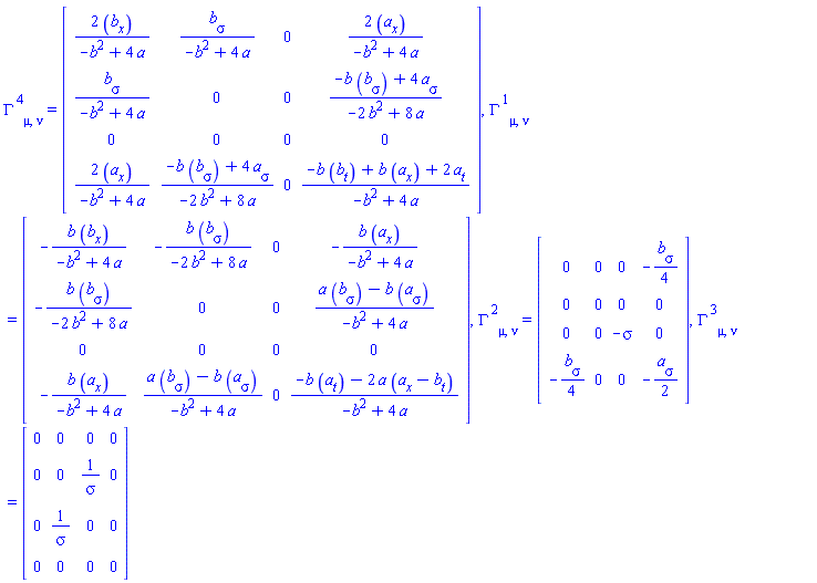 Physics:-Christoffel[`~4`, mu, nu] = Matrix(%id = 18446744078247888406), Physics:-Christoffel[`~1`, mu, nu] = Matrix(%id = 18446744078247884190), Physics:-Christoffel[`~2`, mu, nu] = Matrix(%id = 18446744078247885630), Physics:-Christoffel[`~3`, mu, nu] = Matrix(%id = 18446744078318387558)