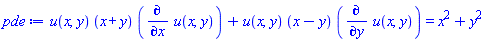 u(x, y)*(x+y)*(diff(u(x, y), x))+u(x, y)*(x-y)*(diff(u(x, y), y)) = x^2+y^2