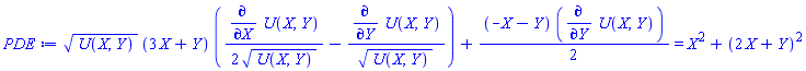 U(X, Y)^(1/2)*(3*X+Y)*((1/2)*(diff(U(X, Y), X))/U(X, Y)^(1/2)-(diff(U(X, Y), Y))/U(X, Y)^(1/2))+(1/2)*(-X-Y)*(diff(U(X, Y), Y)) = X^2+(2*X+Y)^2