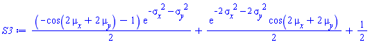 (1/2)*(-cos(2*mu__x+2*mu__y)-1)*exp(-sigma__x^2-sigma__y^2)+(1/2)*exp(-2*sigma__x^2-2*sigma__y^2)*cos(2*mu__x+2*mu__y)+1/2