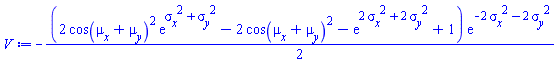 -(1/2)*(2*cos(mu__x+mu__y)^2*exp(sigma__x^2+sigma__y^2)-2*cos(mu__x+mu__y)^2-exp(2*sigma__x^2+2*sigma__y^2)+1)*exp(-2*sigma__x^2-2*sigma__y^2)