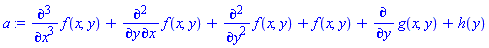 diff(diff(diff(f(x, y), x), x), x)+diff(diff(f(x, y), x), y)+diff(diff(f(x, y), y), y)+f(x, y)+diff(g(x, y), y)+h(y)