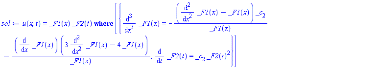 PDESolStruc(u(x, t) = _F1(x)*_F2(t), [{diff(_F2(t), t) = _c[2]*_F2(t)^2, diff(diff(diff(_F1(x), x), x), x) = -(diff(diff(_F1(x), x), x)-_F1(x))*_c[2]/_F1(x)-(diff(_F1(x), x))*(3*(diff(diff(_F1(x), x), x))-4*_F1(x))/_F1(x)}])