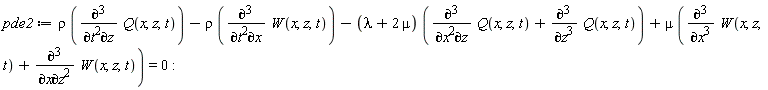 pde2 := rho*(diff(Q(x, z, t), t, t, z))-rho*(diff(W(x, z, t), t, t, x))-(lambda+2*mu)*(diff(Q(x, z, t), x, x, z)+diff(Q(x, z, t), z, z, z))+mu*(diff(W(x, z, t), x, x, x)+diff(W(x, z, t), x, z, z)) = 0