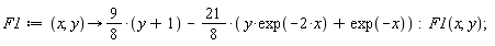 F1 := proc (x, y) options operator, arrow; (9/8)*y+9/8-(21/8)*y*exp(-2*x)-(21/8)*exp(-x) end proc: