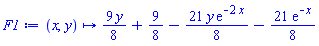 proc (x, y) options operator, arrow; (9/8)*y+9/8-(21/8)*y*exp(-2*x)-(21/8)*exp(-x) end proc