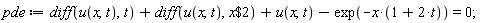pde := diff(u(x, t), t)+diff(u(x, t), `$`(x, 2))+u(x, t)-exp(-x*(1+2*t)) = 0