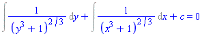 Int(1/(y^3+1)^(2/3), y)+Int(1/(x^3+1)^(2/3), x)+c = 0
