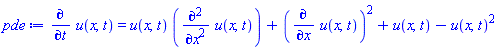 diff(u(x, t), t) = u(x, t)*(diff(diff(u(x, t), x), x))+(diff(u(x, t), x))^2+u(x, t)-u(x, t)^2