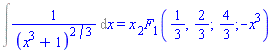 %int(1/(x^3+1)^(2/3), x) = x*hypergeom([1/3, 2/3], [4/3], -x^3)