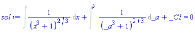 Int(1/(x^3+1)^(2/3), x)+Intat(1/(_a^3+1)^(2/3), _a = y(x))+_C1 = 0