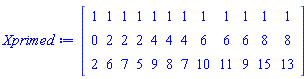 Matrix(3, 12, {(1, 1) = 1, (1, 2) = 1, (1, 3) = 1, (1, 4) = 1, (1, 5) = 1, (1, 6) = 1, (1, 7) = 1, (1, 8) = 1, (1, 9) = 1, (1, 10) = 1, (1, 11) = 1, (1, 12) = 1, (2, 1) = 0, (2, 2) = 2, (2, 3) = 2, (2, 4) = 2, (2, 5) = 4, (2, 6) = 4, (2, 7) = 4, (2, 8) = 6, (2, 9) = 6, (2, 10) = 6, (2, 11) = 8, (2, 12) = 8, (3, 1) = 2, (3, 2) = 6, (3, 3) = 7, (3, 4) = 5, (3, 5) = 9, (3, 6) = 8, (3, 7) = 7, (3, 8) = 10, (3, 9) = 11, (3, 10) = 9, (3, 11) = 15, (3, 12) = 13})