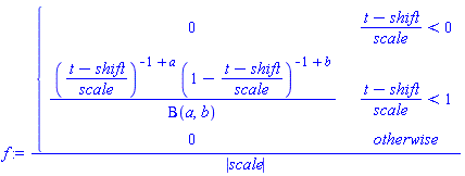 f := piecewise((t-shift)/scale < 0, 0, (t-shift)/scale < 1, ((t-shift)/scale)^(-1+a)*(1-(t-shift)/scale)^(-1+b)/Beta(a, b), 0)/abs(scale)