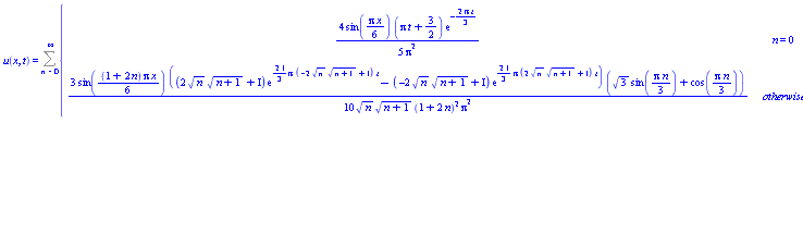 u(x, t) = Sum(piecewise(n = 0, (4/5)*sin((1/6)*Pi*x)*(Pi*t+3/2)*exp(-(2/3)*Pi*t)/Pi^2, (3/10)*sin((1/6)*(1+2*n)*Pi*x)*((2*n^(1/2)*(n+1)^(1/2)+I)*exp(((2/3)*I)*Pi*(-2*n^(1/2)*(n+1)^(1/2)+I)*t)-(-2*n^(1/2)*(n+1)^(1/2)+I)*exp(((2/3)*I)*Pi*(2*n^(1/2)*(n+1)^(1/2)+I)*t))*(3^(1/2)*sin((1/3)*Pi*n)+cos((1/3)*Pi*n))/(n^(1/2)*(n+1)^(1/2)*(1+2*n)^2*Pi^2)), n = 0 .. infinity)