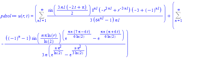 u(r, t) = Sum((1/3)*sin((3/2)*n1*(-2*t+Pi))*8^n1*(-r^(3*n1)+r^(-3*n1))*(-3+(-1)^n1)/((64^n1-1)*n1), n1 = 1 .. infinity)+Sum(-(1/3)*((-1)^n-1)*sin(n*Pi*ln(r)/ln(2))*(exp((1/6)*Pi*n*(7*Pi-6*t)/ln(2))-exp((1/6)*Pi*n*(Pi+6*t)/ln(2)))/(n*(exp(n*Pi^2/ln(2))-exp((1/3)*n*Pi^2/ln(2)))), n = 1 .. infinity)