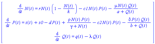 Vector(3, {(1) = diff(N(t), t) = r*N(t)*(1-N(t)/k)-c1*N(t)*P(t)-mu*N(t)*Q(t)/(a+Q(t)), (2) = diff(P(t), t) = s(t)+s0-d*P(t)+rho*N(t)*P(t)/(gamma+N(t))-c2*N(t)*P(t)-delta*P(t)*Q(t)/(b+Q(t)), (3) = diff(Q(t), t) = q(t)-lambda*Q(t)})