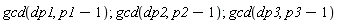 gcd(dp1, p1-1); gcd(dp2, p2-1); gcd(dp3, p3-1)
