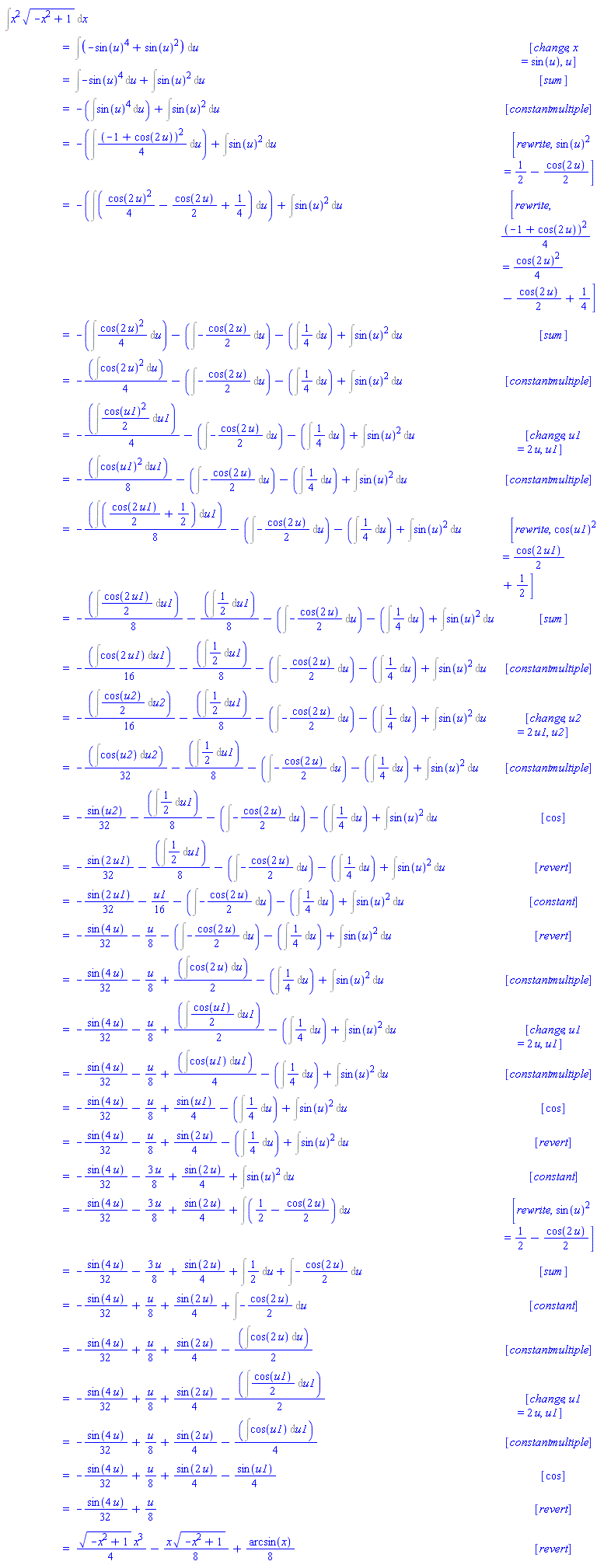 "[[&int;x^2 sqrt(-x^2+1) &DifferentialD;x],[ ,"=",&int;(-(sin(u))^4+(sin(u))^2) &DifferentialD;u, [change,x=sin(u),u]],[ ,"=",&int;-(sin(u))^4 &DifferentialD;u+&int;(sin(u))^2 &DifferentialD;u, [sum]],[ ,"=",-(&int;(sin(u))^4 &DifferentialD;u)+&int;(sin(u))^2 &DifferentialD;u, [constantmultiple]],[ ,"=",-(&int;((-1+cos(2 u))^2)/4 &DifferentialD;u)+&int;(sin(u))^2 &DifferentialD;u, [rewrite,(sin(u))^2=1/2-(cos(2 u))/2]],[ ,"=",-(&int;(((cos(2 u))^2)/4-(cos(2 u))/2+1/4) &DifferentialD;u)+&int;(sin(u))^2 &DifferentialD;u, [rewrite,((-1+cos(2 u))^2)/4=((cos(2 u))^2)/4-(cos(2 u))/2+1/4]],[ ,"=",-(&int;((cos(2 u))^2)/4 &DifferentialD;u)-(&int;-(cos(2 u))/2 &DifferentialD;u)-(&int;1/4 &DifferentialD;u)+&int;(sin(u))^2 &DifferentialD;u, [sum]],[ ,"=",-(&int;(cos(2 u))^2 &DifferentialD;u)/4-(&int;-(cos(2 u))/2 &DifferentialD;u)-(&int;1/4 &DifferentialD;u)+&int;(sin(u))^2 &DifferentialD;u, [constantmultiple]],[ ,"=",-(&int;((cos(u1))^2)/2 &DifferentialD;u1)/4-(&int;-(cos(2 u))/2 &DifferentialD;u)-(&int;1/4 &DifferentialD;u)+&int;(sin(u))^2 &DifferentialD;u, [change,u1=2 u,u1]],[ ,"=",-(&int;(cos(u1))^2 &DifferentialD;u1)/8-(&int;-(cos(2 u))/2 &DifferentialD;u)-(&int;1/4 &DifferentialD;u)+&int;(sin(u))^2 &DifferentialD;u, [constantmultiple]],[ ,"=",-(&int;((cos(2 u1))/2+1/2) &DifferentialD;u1)/8-(&int;-(cos(2 u))/2 &DifferentialD;u)-(&int;1/4 &DifferentialD;u)+&int;(sin(u))^2 &DifferentialD;u, [rewrite,(cos(u1))^2=(cos(2 u1))/2+1/2]],[ ,"=",-(&int;(cos(2 u1))/2 &DifferentialD;u1)/8-(&int;1/2 &DifferentialD;u1)/8-(&int;-(cos(2 u))/2 &DifferentialD;u)-(&int;1/4 &DifferentialD;u)+&int;(sin(u))^2 &DifferentialD;u, [sum]],[ ,"=",-(&int;cos(2 u1) &DifferentialD;u1)/16-(&int;1/2 &DifferentialD;u1)/8-(&int;-(cos(2 u))/2 &DifferentialD;u)-(&int;1/4 &DifferentialD;u)+&int;(sin(u))^2 &DifferentialD;u, [constantmultiple]],[ ,"=",-(&int;(cos(u2))/2 &DifferentialD;u2)/16-(&int;1/2 &DifferentialD;u1)/8-(&int;-(cos(2 u))/2 &DifferentialD;u)-(&int;1/4 &DifferentialD;u)+&int;(sin(u))^2 &DifferentialD;u, [change,u2=2 u1,u2]],[ ,"=",-(&int;cos(u2) &DifferentialD;u2)/32-(&int;1/2 &DifferentialD;u1)/8-(&int;-(cos(2 u))/2 &DifferentialD;u)-(&int;1/4 &DifferentialD;u)+&int;(sin(u))^2 &DifferentialD;u, [constantmultiple]],[ ,"=",-(sin(u2))/32-(&int;1/2 &DifferentialD;u1)/8-(&int;-(cos(2 u))/2 &DifferentialD;u)-(&int;1/4 &DifferentialD;u)+&int;(sin(u))^2 &DifferentialD;u, [cos]],[ ,"=",-(sin(2 u1))/32-(&int;1/2 &DifferentialD;u1)/8-(&int;-(cos(2 u))/2 &DifferentialD;u)-(&int;1/4 &DifferentialD;u)+&int;(sin(u))^2 &DifferentialD;u, [revert]],[ ,"=",-(sin(2 u1))/32-u1/16-(&int;-(cos(2 u))/2 &DifferentialD;u)-(&int;1/4 &DifferentialD;u)+&int;(sin(u))^2 &DifferentialD;u, [constant]],[ ,"=",-(sin(4 u))/32-u/8-(&int;-(cos(2 u))/2 &DifferentialD;u)-(&int;1/4 &DifferentialD;u)+&int;(sin(u))^2 &DifferentialD;u, [revert]],[ ,"=",-(sin(4 u))/32-u/8+(&int;cos(2 u) &DifferentialD;u)/2-(&int;1/4 &DifferentialD;u)+&int;(sin(u))^2 &DifferentialD;u, [constantmultiple]],[ ,"=",-(sin(4 u))/32-u/8+(&int;(cos(u1))/2 &DifferentialD;u1)/2-(&int;1/4 &DifferentialD;u)+&int;(sin(u))^2 &DifferentialD;u, [change,u1=2 u,u1]],[ ,"=",-(sin(4 u))/32-u/8+(&int;cos(u1) &DifferentialD;u1)/4-(&int;1/4 &DifferentialD;u)+&int;(sin(u))^2 &DifferentialD;u, [constantmultiple]],[ ,"=",-(sin(4 u))/32-u/8+(sin(u1))/4-(&int;1/4 &DifferentialD;u)+&int;(sin(u))^2 &DifferentialD;u, [cos]],[ ,"=",-(sin(4 u))/32-u/8+(sin(2 u))/4-(&int;1/4 &DifferentialD;u)+&int;(sin(u))^2 &DifferentialD;u, [revert]],[ ,"=",-(sin(4 u))/32-(3 u)/8+(sin(2 u))/4+&int;(sin(u))^2 &DifferentialD;u, [constant]],[ ,"=",-(sin(4 u))/32-(3 u)/8+(sin(2 u))/4+&int;(1/2-(cos(2 u))/2) &DifferentialD;u, [rewrite,(sin(u))^2=1/2-(cos(2 u))/2]],[ ,"=",-(sin(4 u))/32-(3 u)/8+(sin(2 u))/4+&int;1/2 &DifferentialD;u+&int;-(cos(2 u))/2 &DifferentialD;u, [sum]],[ ,"=",-(sin(4 u))/32+u/8+(sin(2 u))/4+&int;-(cos(2 u))/2 &DifferentialD;u, [constant]],[ ,"=",-(sin(4 u))/32+u/8+(sin(2 u))/4-(&int;cos(2 u) &DifferentialD;u)/2, [constantmultiple]],[ ,"=",-(sin(4 u))/32+u/8+(sin(2 u))/4-(&int;(cos(u1))/2 &DifferentialD;u1)/2, [change,u1=2 u,u1]],[ ,"=",-(sin(4 u))/32+u/8+(sin(2 u))/4-(&int;cos(u1) &DifferentialD;u1)/4, [constantmultiple]],[ ,"=",-(sin(4 u))/32+u/8+(sin(2 u))/4-(sin(u1))/4, [cos]],[ ,"=",-(sin(4 u))/32+u/8, [revert]],[ ,"=",(sqrt(-x^2+1) x^3)/4-(x sqrt(-x^2+1))/8+(arcsin(x))/8, [revert]]]"